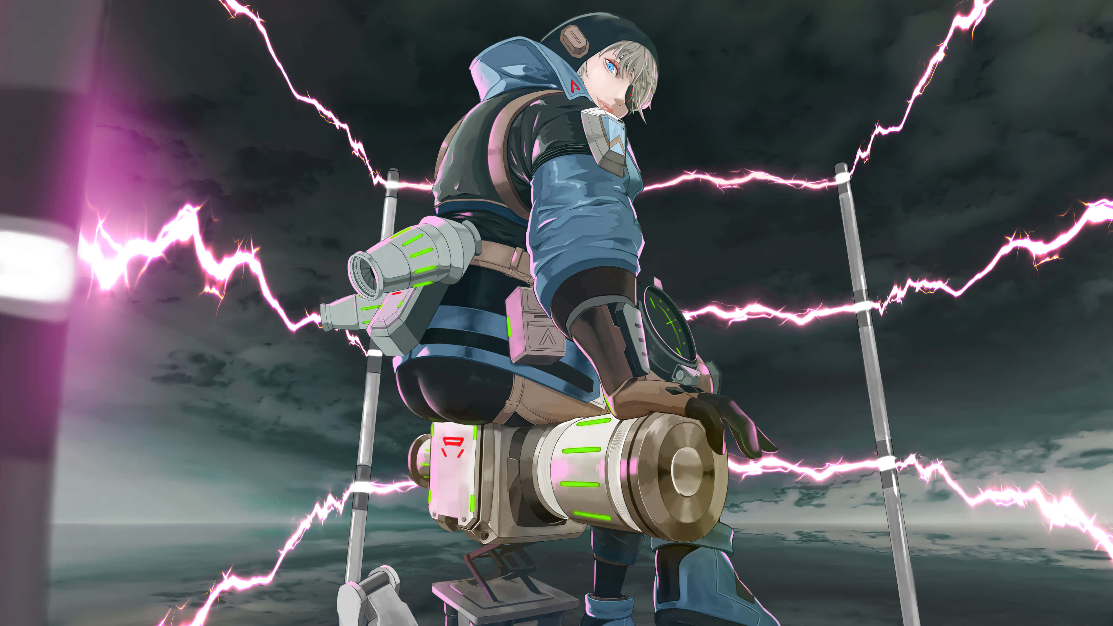 Apex Legends Characters 桌布 壁紙 — 一個未來風格的動漫角色身穿藍色盔甲，在暴風雨的天空下站立於劈啪作響的粉紅色閃電之中。