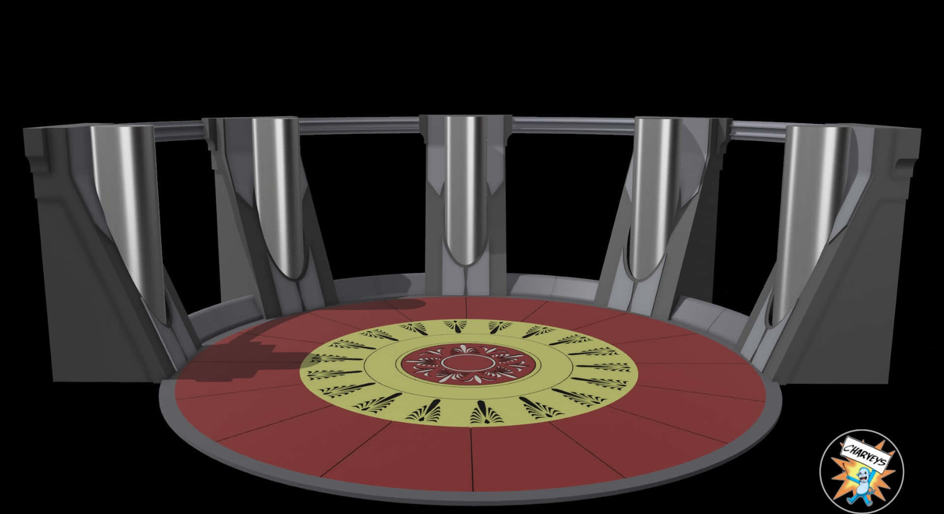 Jedi Council 桌布 壁紙 — 一個未來風格的圓形平台，帶有紅色和金色的幾何圖案，周圍環繞著光滑的金屬柱，背景是黑色虛空。