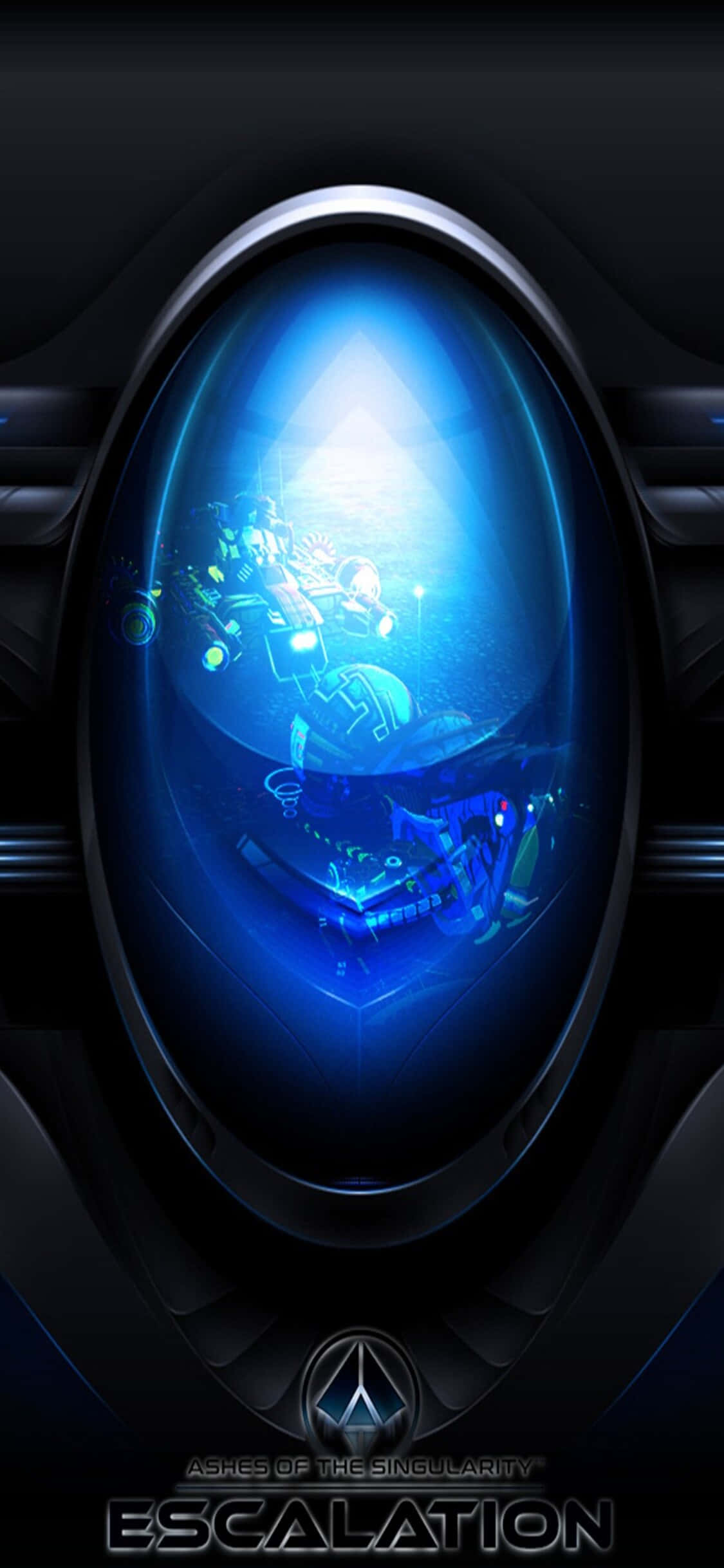 iPhone X Ashes Of The Singularity 桌布 壁紙 — 一個未來風格的太空人在黑暗科幻太空船內部漂浮在發光的藍色球形艙內。