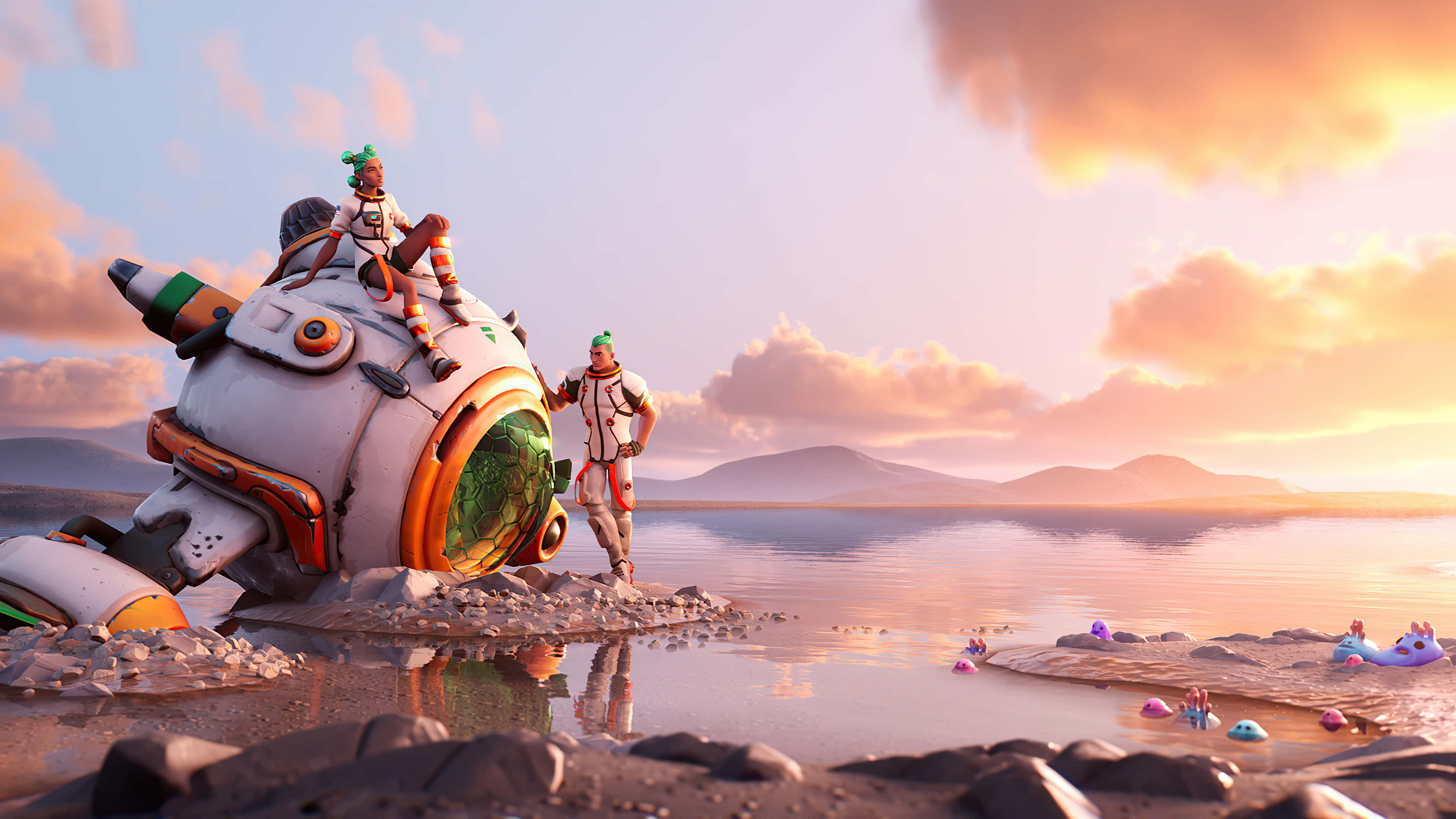 Fortnite 桌布 壁紙 — 一個未來風格的太空人站在日落時分的岩石海岸上，旁邊是一艘墜毀的太空船，遠處有山脈。