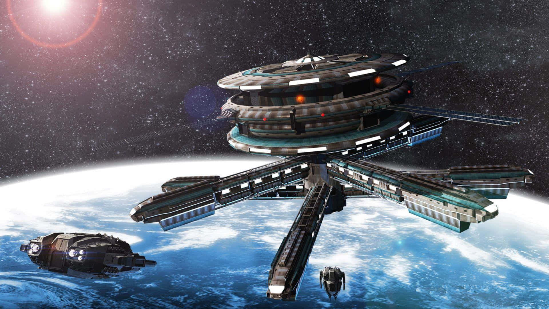Space Station 桌布 壁紙 — 一個未來風格的太空站環繞著一顆藍色行星運行，明亮的太陽在星空中產生鏡頭光暈。
