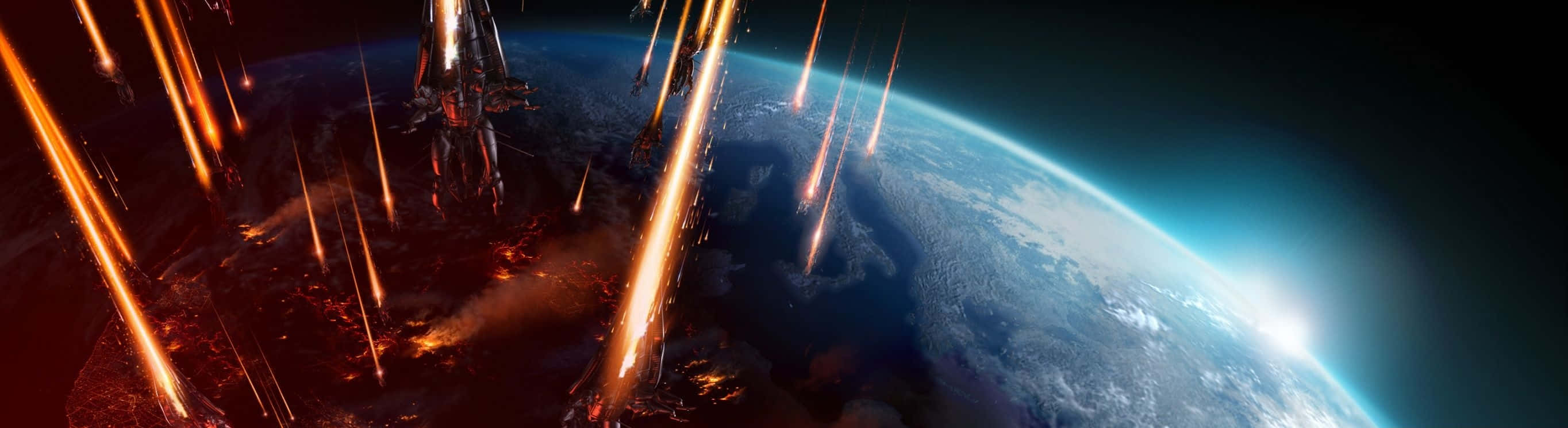 太空站繞地球運行，熾熱的流星軌跡劃過。 — 超寬 GIF 壁紙