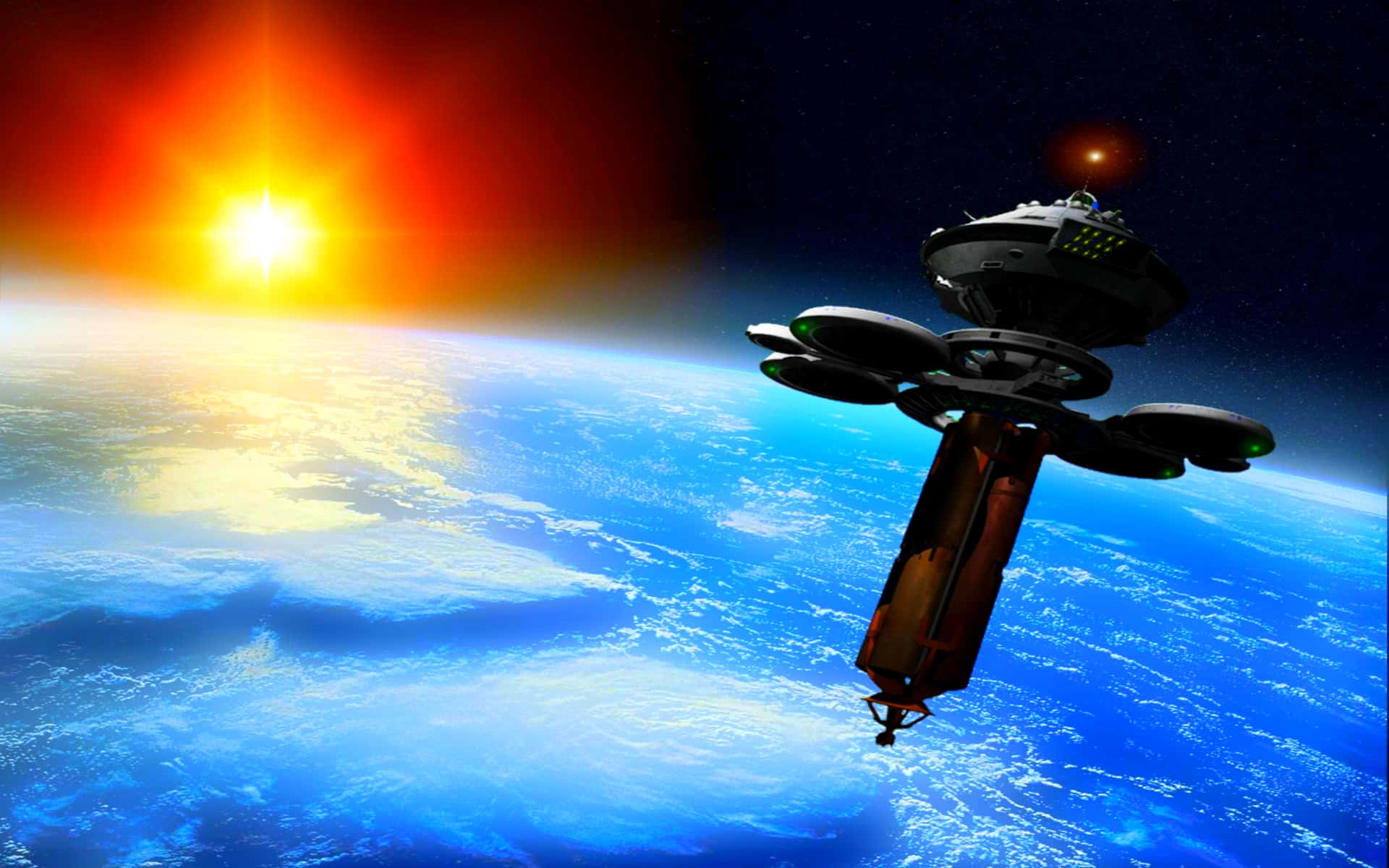 Space Station 桌布 壁紙 — 一個未來風格的太空站繞地球運行，太陽在藍色行星上升起，在地平線上投射出熾熱的光芒。