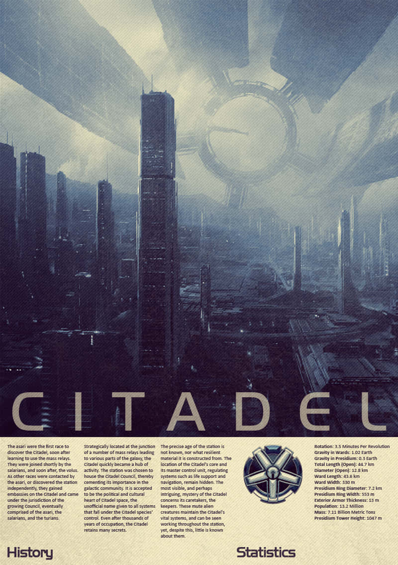 The Citadel 桌布 壁紙 — 一個未來風格的太空站聳立在暴風雨天空下廣闊的城市景觀之上，並有粗體文字寫著 CITADEL。