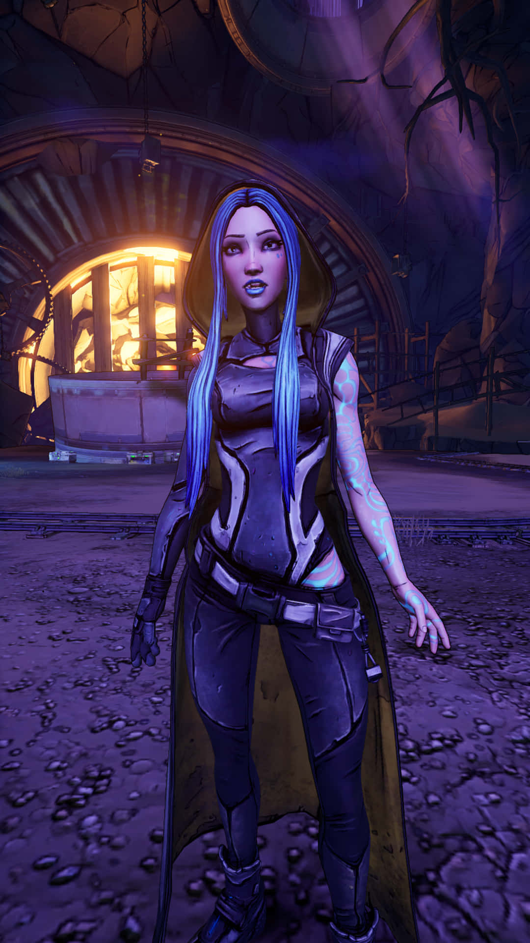 Pixel 3xl Borderlands 3 桌布 壁紙 — 一個未來風格的女性角色，擁有發光的藍色頭髮和機械紋身，站在昏暗的科幻廢墟中，沐浴在紫色燈光下。