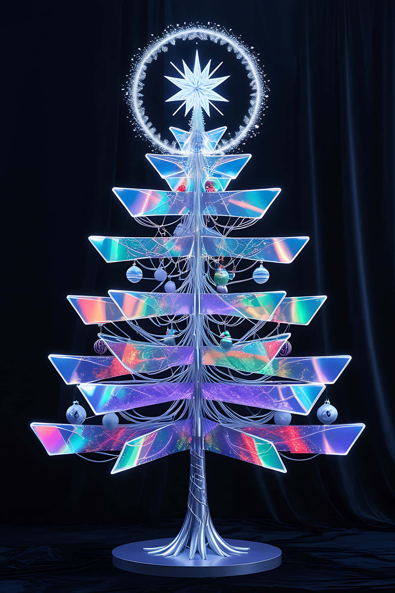 Modern iridescent christmas tree 壁紙 — 一個未來風格的幾何聖誕樹，帶有發光的彩虹色面板和閃亮的星星樹頂裝飾，背景是深色窗簾。
