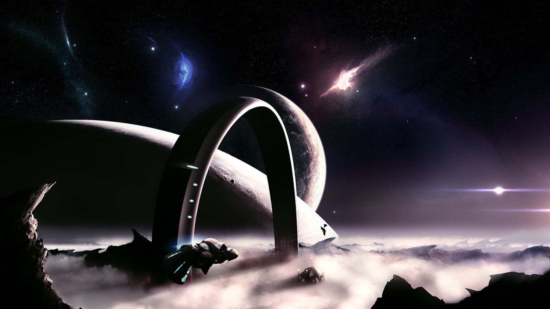 3d Star 桌布 壁紙 — 一個未來風格的拱門從宇宙雲層中浮現，背景是星空和發光的天體。