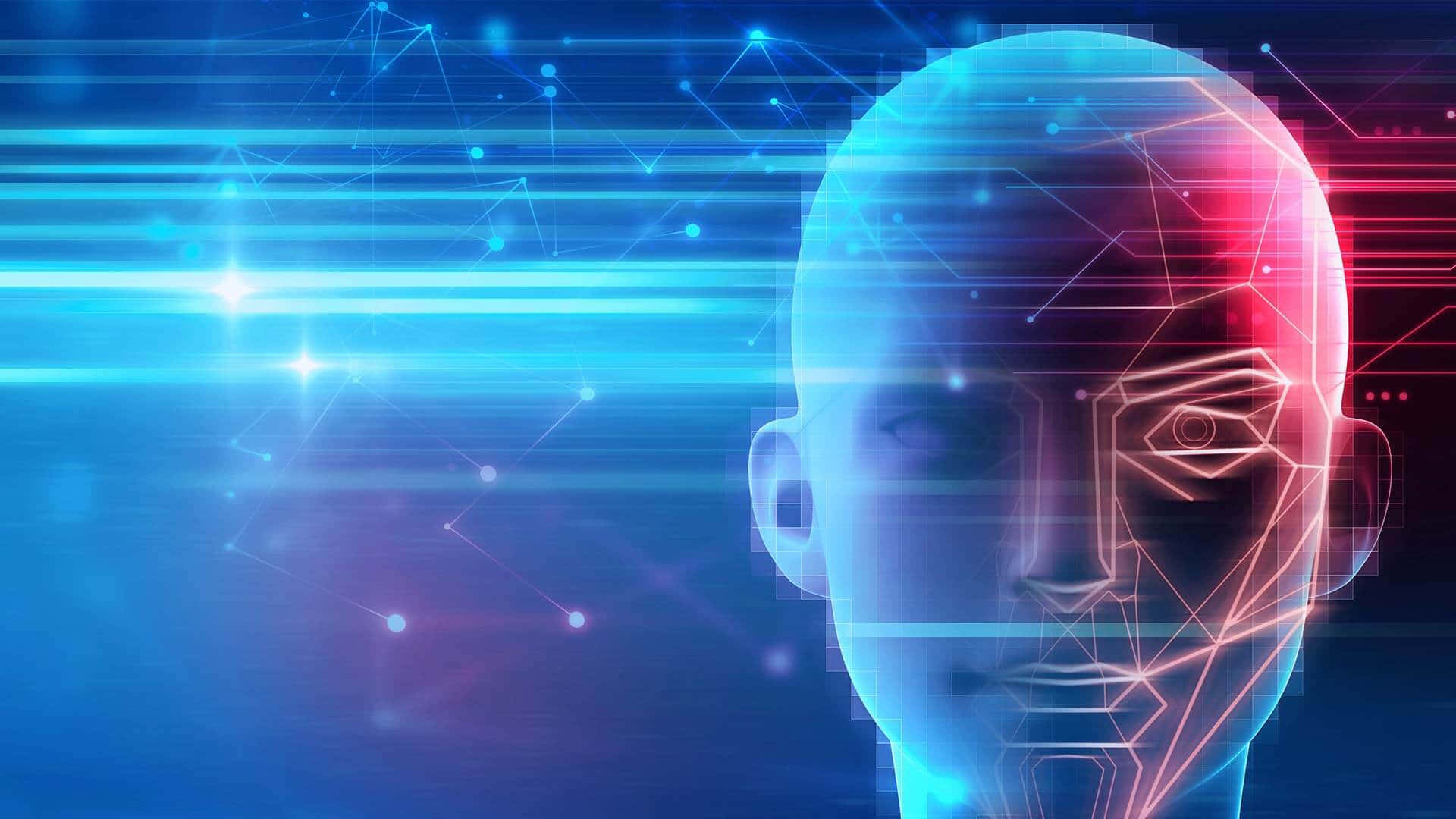 AI 桌布 壁紙 — 一個未來風格的數位人頭，帶有發光的藍色和紅色電路，背景是星空科技背景。
