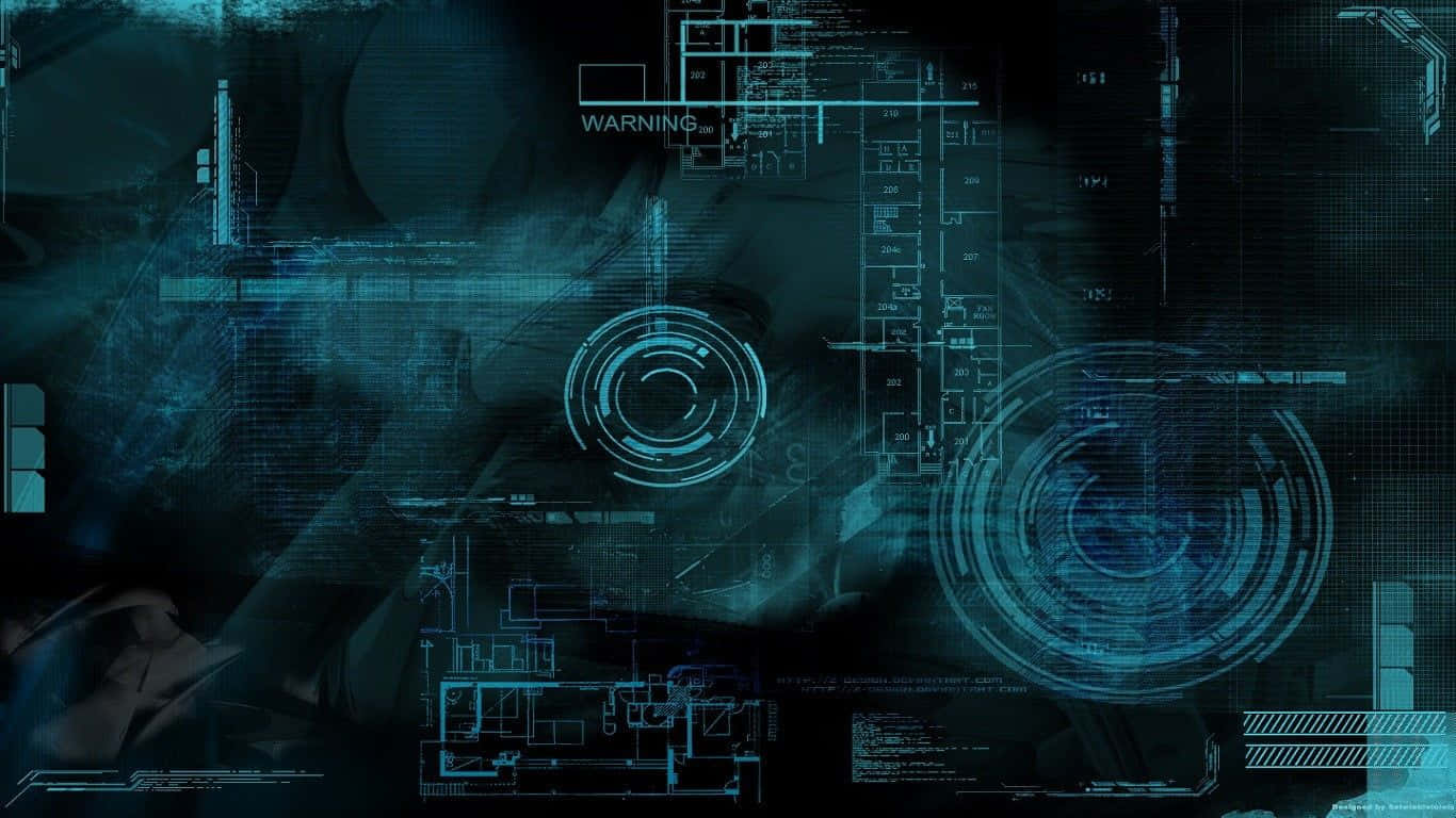Futuristic Desktop 桌布 壁紙 — 一個未來風格的數位介面，帶有發光的藍色全息疊加層和警告文字，背景為深色。