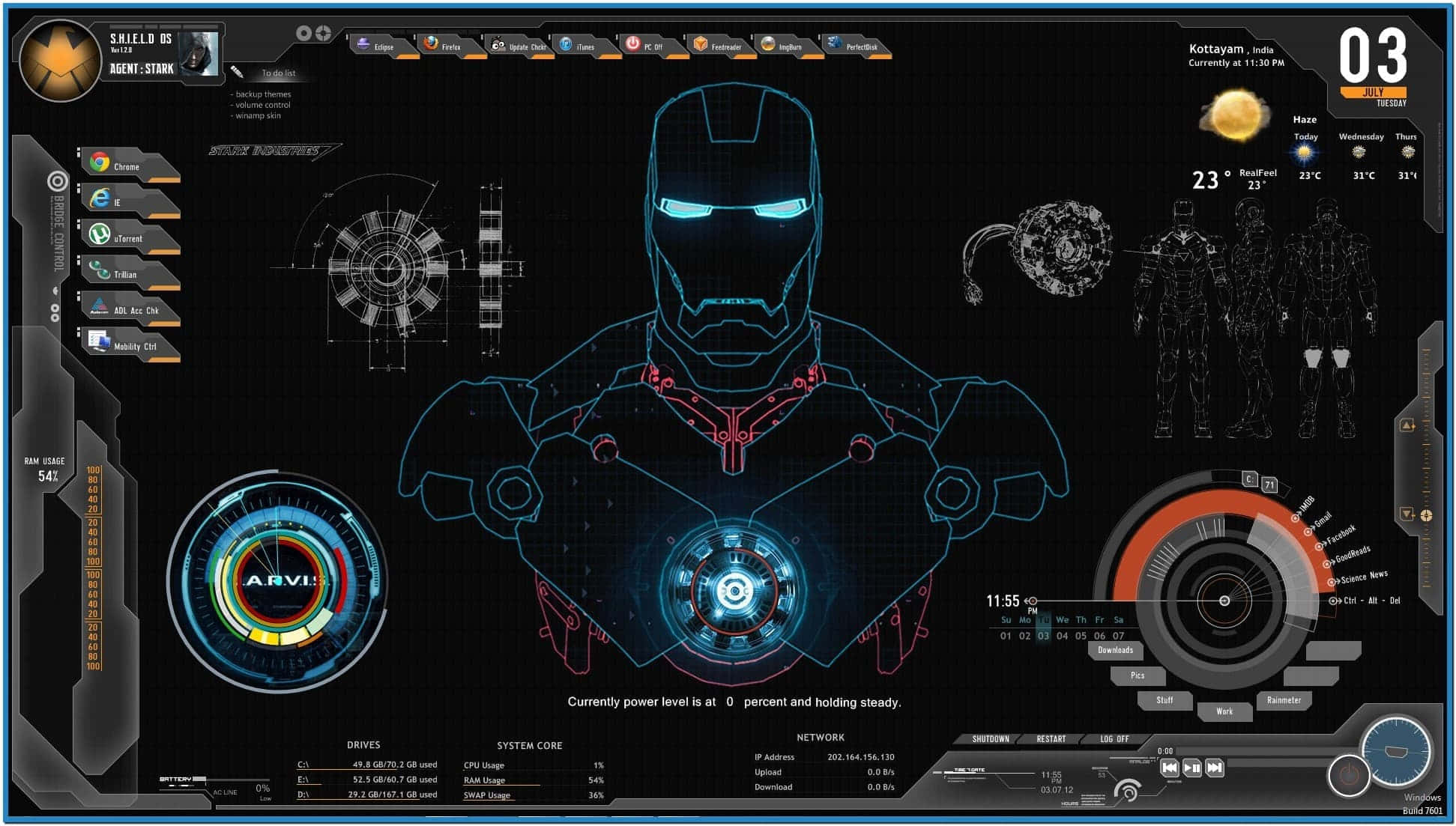 Iron Man Technology 桌布 壁紙 — 一個未來風格的數位介面在黑色背景上顯示發光的藍色和紅色鋼鐵人戰衣示意圖，附有系統統計數據和天氣資料。