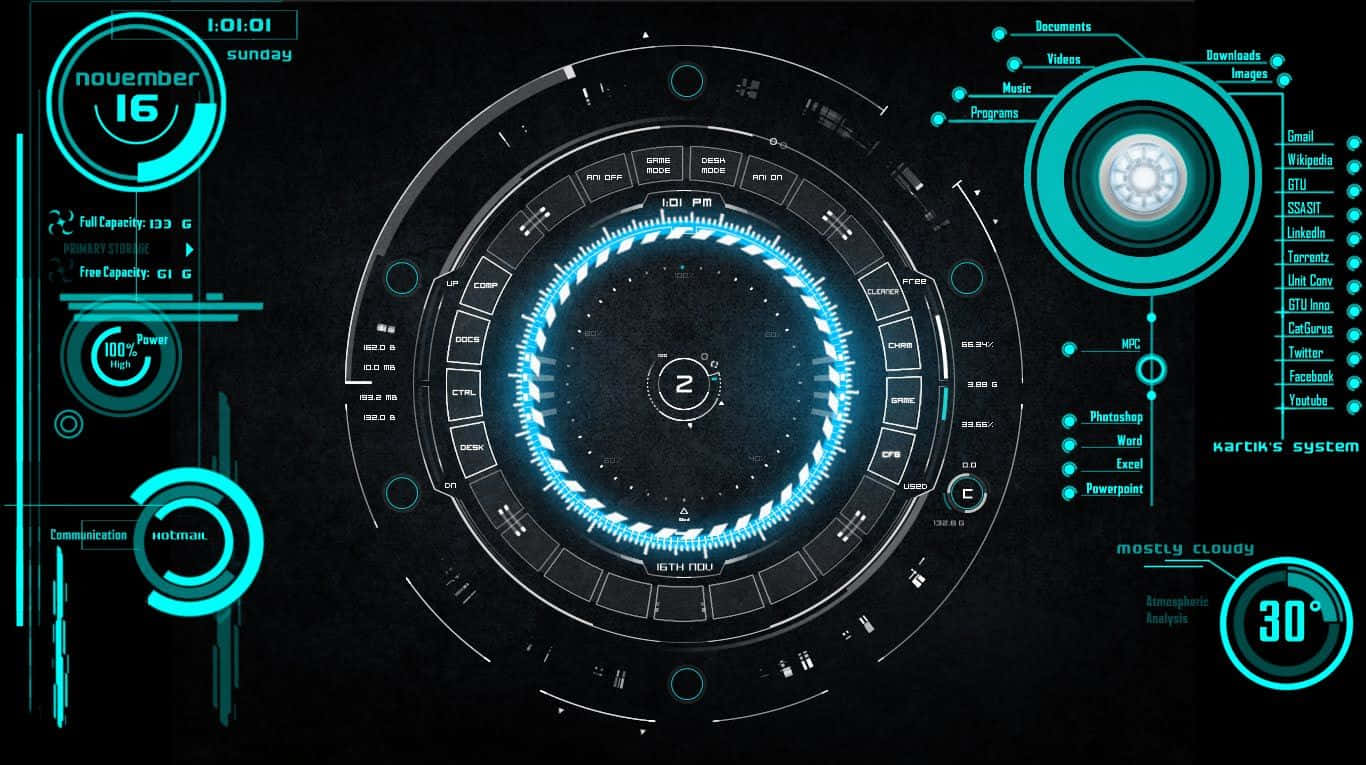 Iron Man Technology 桌布 壁紙 — 一個未來風格的數位儀表板，帶有發光的青綠色全息介面，在黑色背景上顯示系統統計數據和天氣。