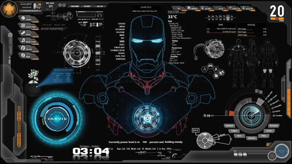 jarvis 4K 桌布 壁紙 — 一個未來風格的數位儀表板顯示鋼鐵人的全息戰衣，帶有發光藍色介面和即時統計數據，背景為深色。