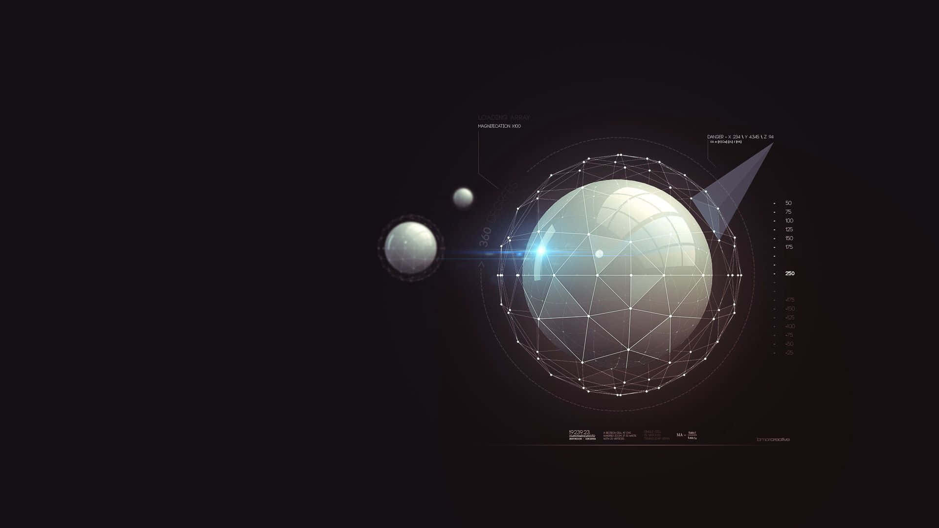Minimalist Technology 桌布 壁紙 — 一個未來風格的數位地球儀，帶有發光線條和數據讀數，在黑暗背景上漂浮，伴隨著兩顆繞行衛星。