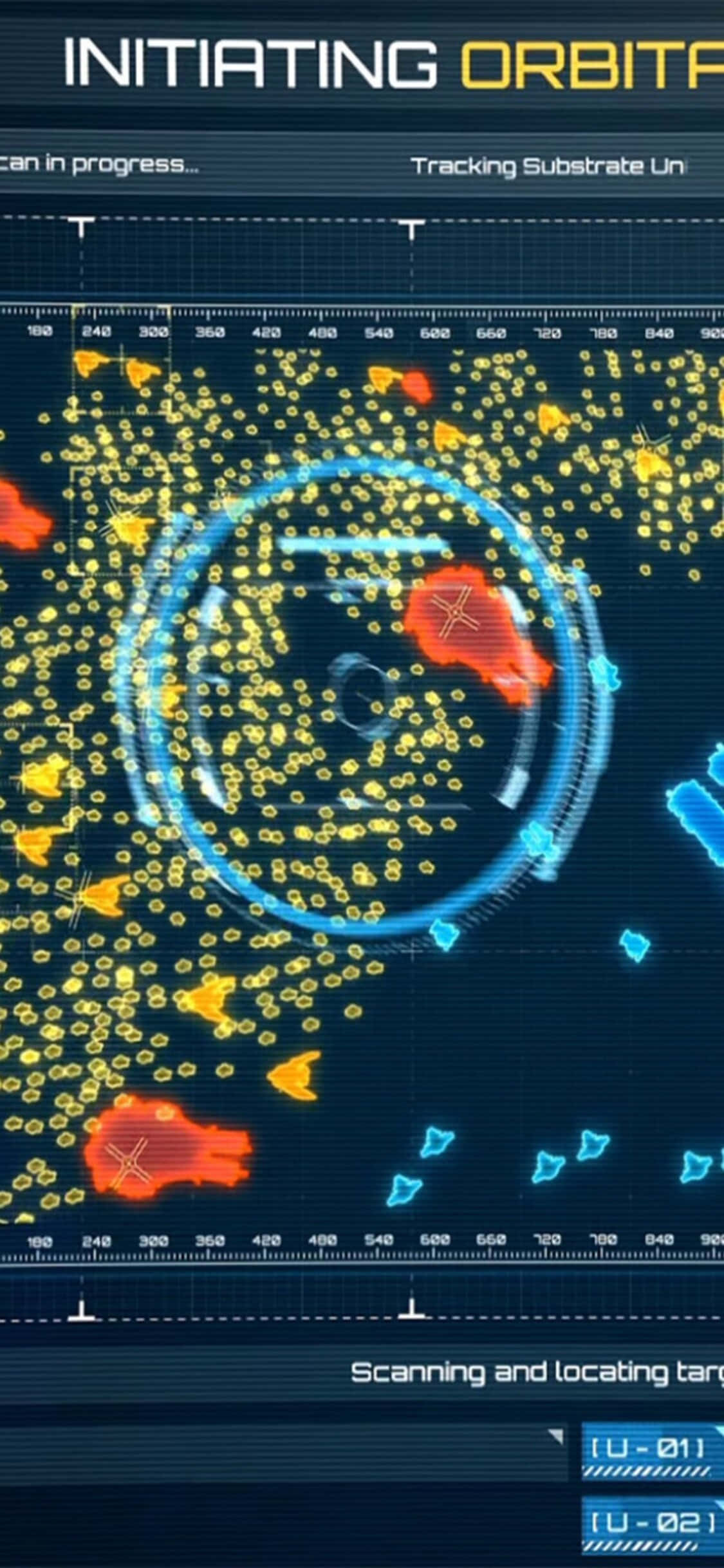 iPhone X Ashes Of The Singularity 桌布 壁紙 — 一個未來風格的數位雷達螢幕，在深藍色網格上顯示發光的黃色和紅色目標，並帶有介面文字。