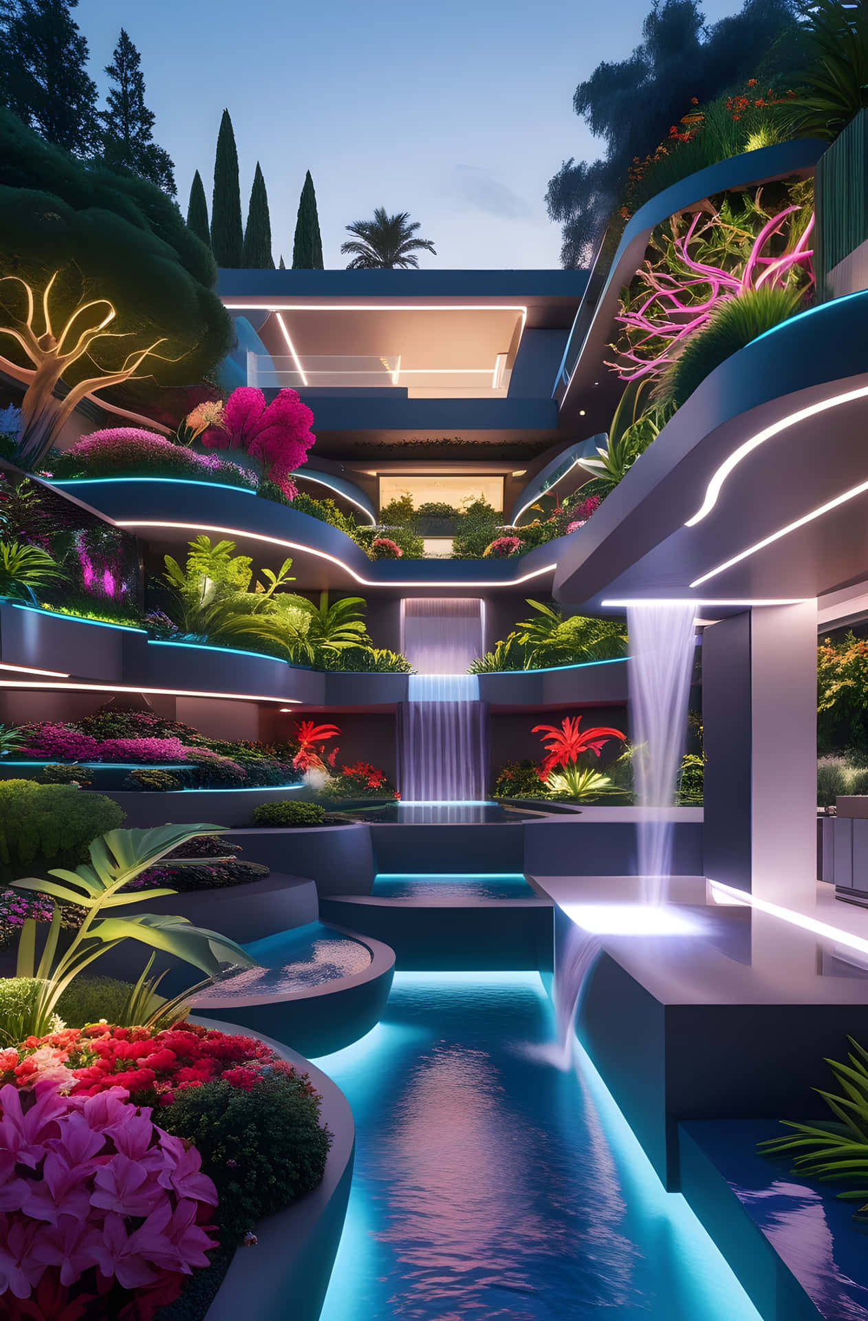 Neon Stream Luxury Estate 壁紙 — 一個未來風格的梯田花園，在黃昏時分，閃爍的藍色瀑布和霓虹燈照亮的露台被茂密的熱帶植物環繞。