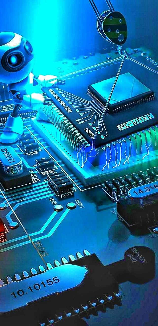 Robot 桌布 壁紙 — 一個未來風格的機器人在霓虹燈光下組裝一塊發光藍色電路板，上面有複雜的電子元件。