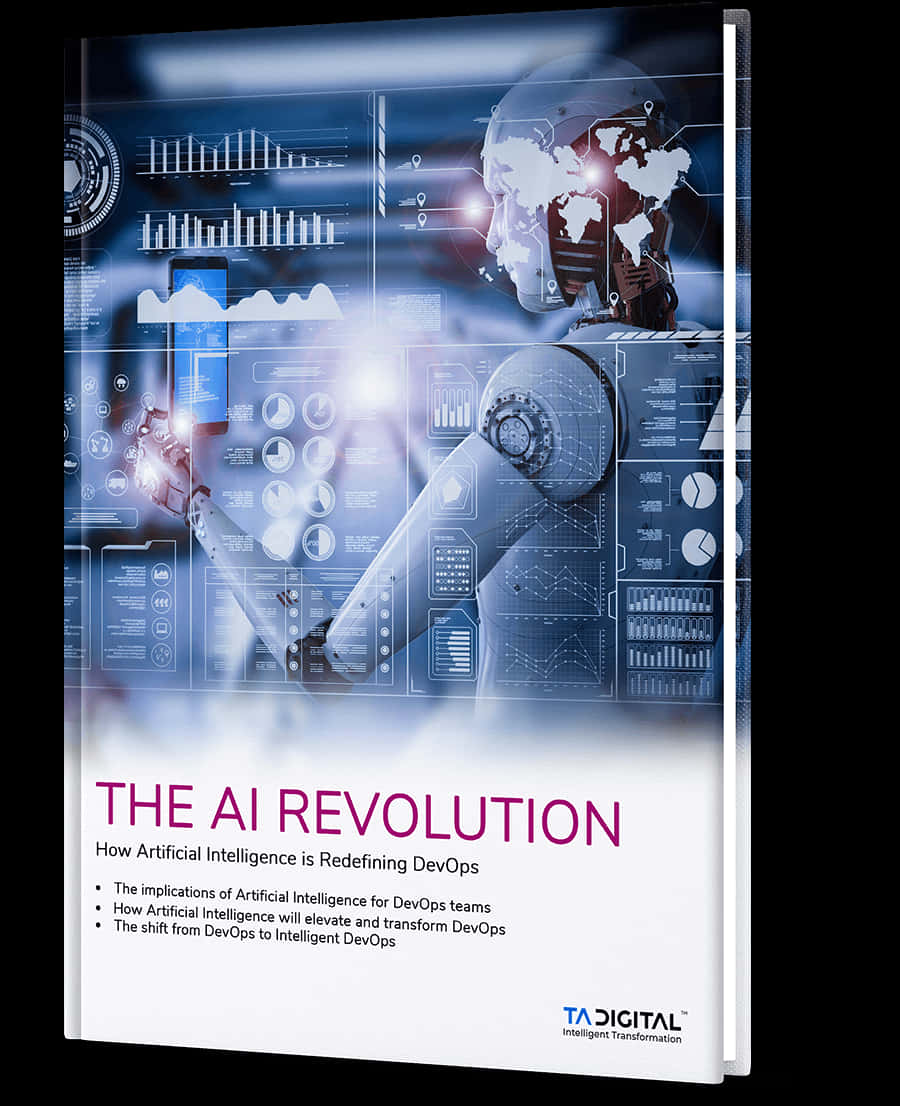 artificial intelligence 桌布 壁紙 — 一個未來風格的機器人與名為「THE AI REVOLUTION」的書本封面上的發光藍色全息數據可視化互動。