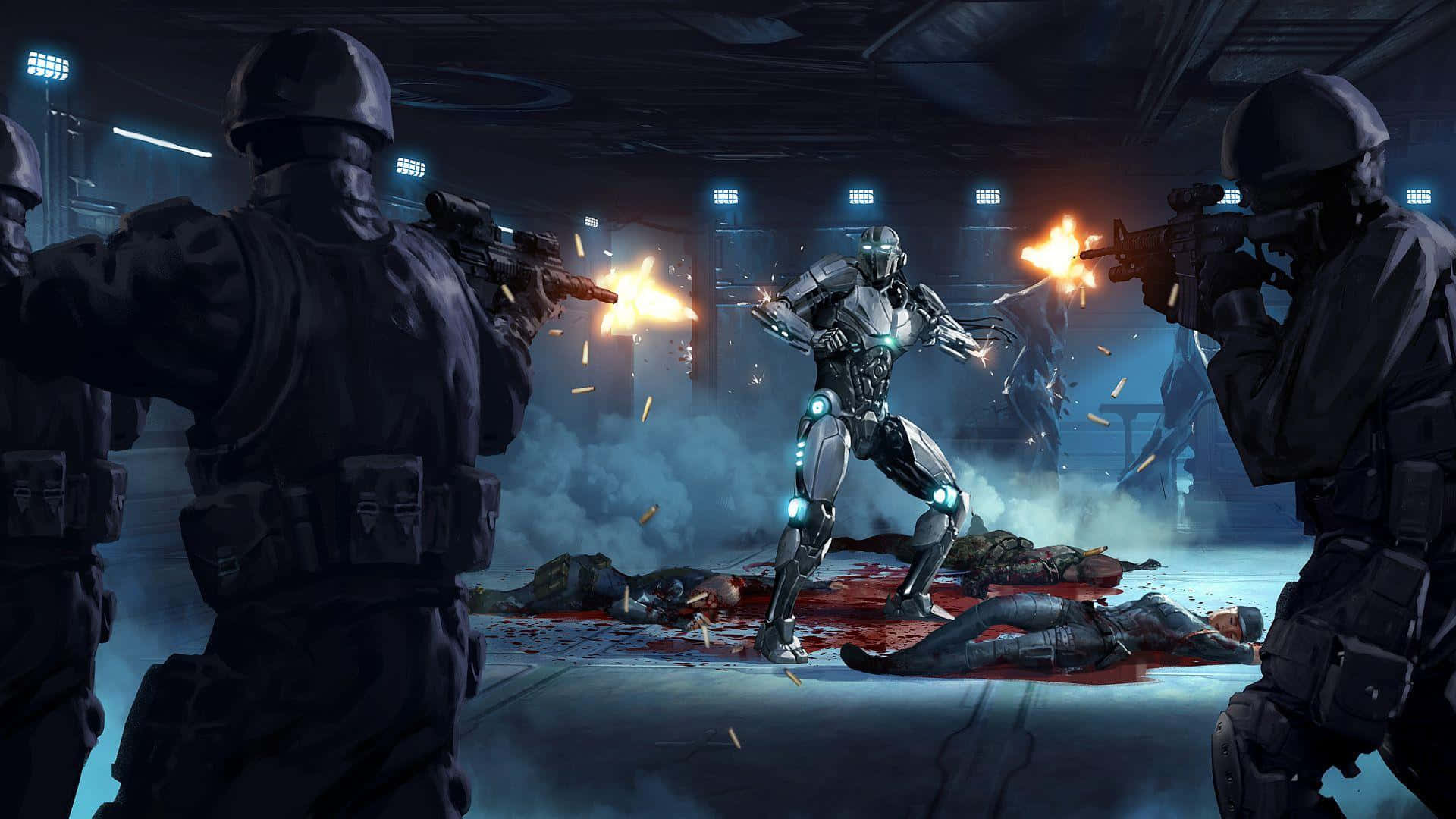 Mortal Kombat Triborg 桌布 壁紙 — 一個未來風格的機械戰士在煙霧彌漫的戰鬥區域中挑釁地站立，士兵們在倒下的屍體和發光的藍色點綴中向它開火。