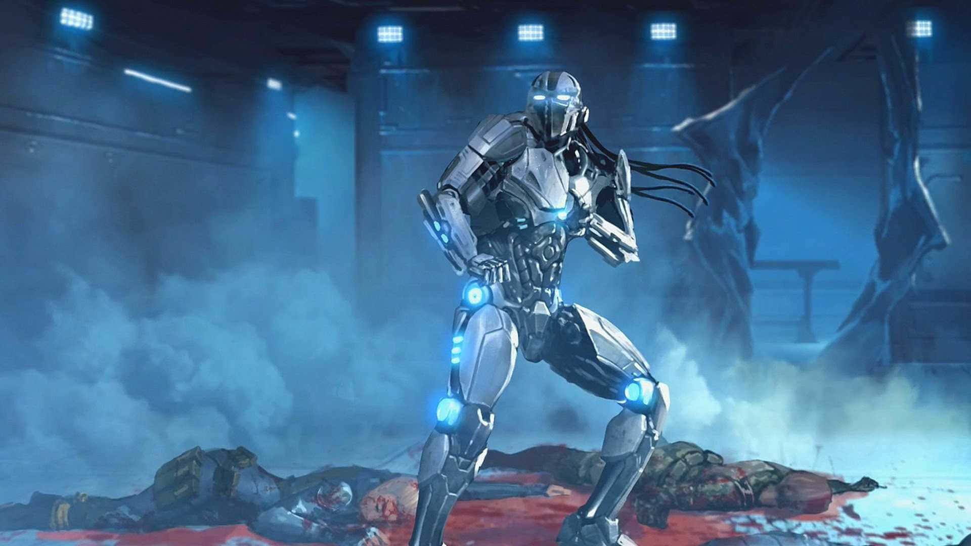 Mortal Kombat Triborg 桌布 壁紙 — 一個未來風格的機械戰士在煙霧瀰漫、藍色燈光的競技場中勝利站立，腳下是倒下的敵人。