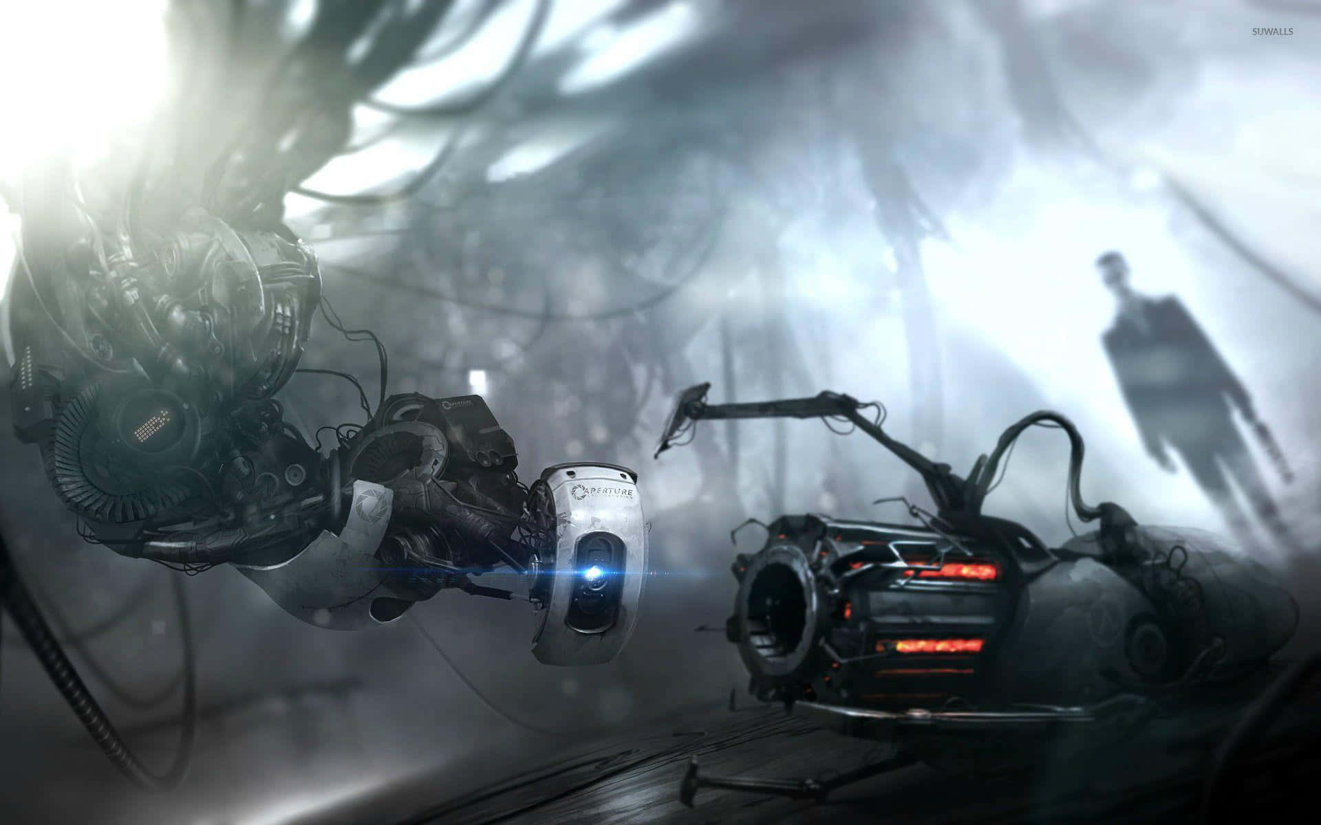 Half Life 2 桌布 壁紙 — 一個未來風格的機械臂在霧氣瀰漫的工業場景中，伸向一個發光的傳送門裝置，背景中有一個陰影人物。