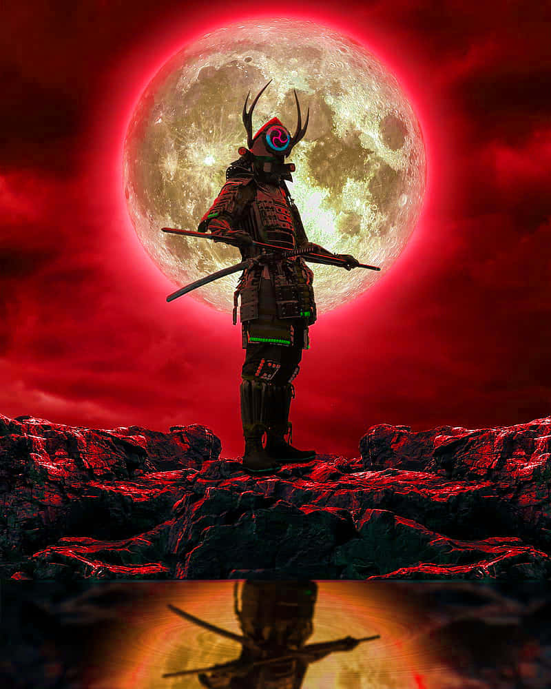 武士動畫 桌布 壁紙 — 一個未來風格的武士站在發光的紅色岩石上，下方是巨大的血月，水面完美倒映。