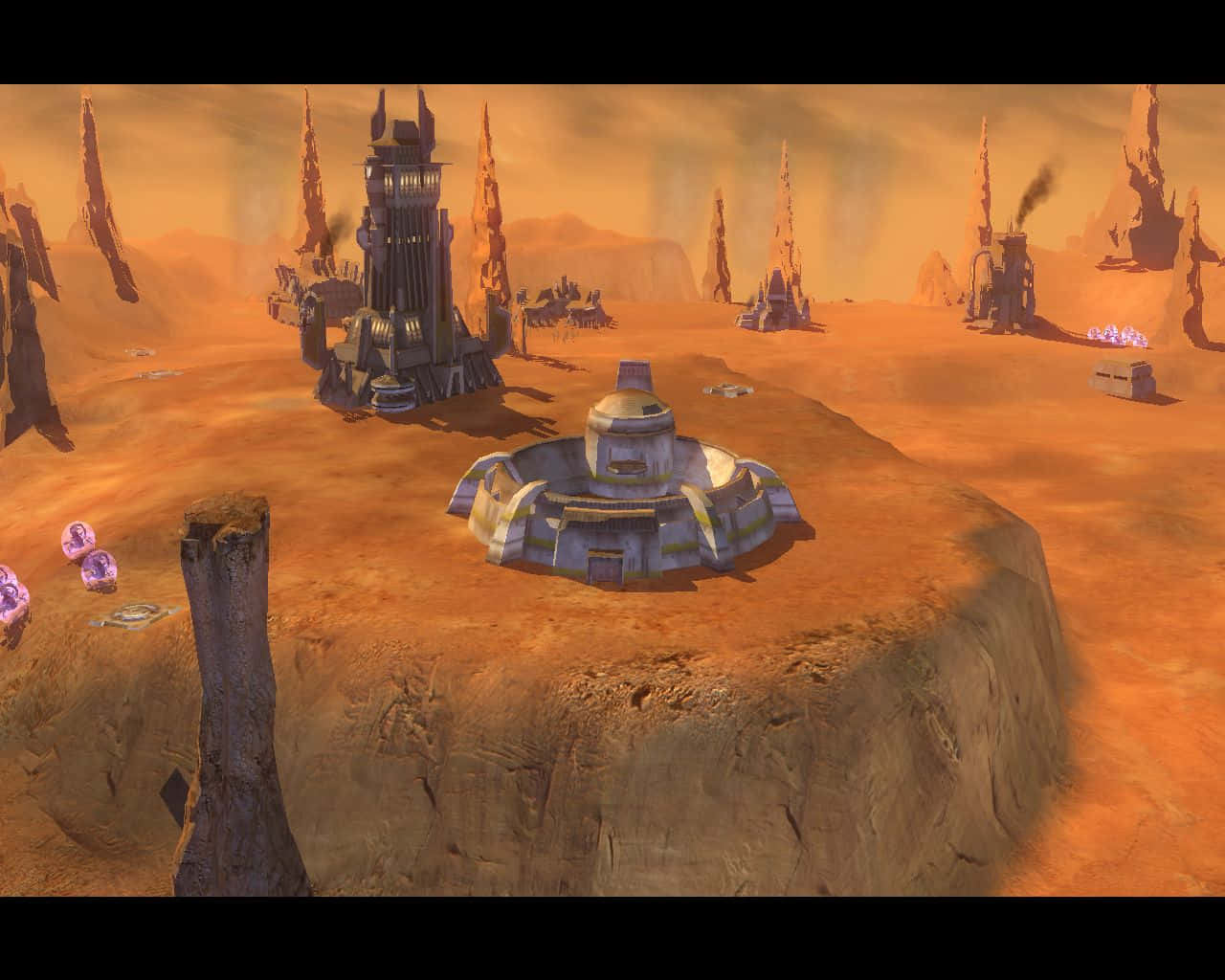 The Geonosian Arena 桌布 壁紙 — 一個未來風格的沙漠基地，擁有金屬結構和尖塔，在橙色天空下。