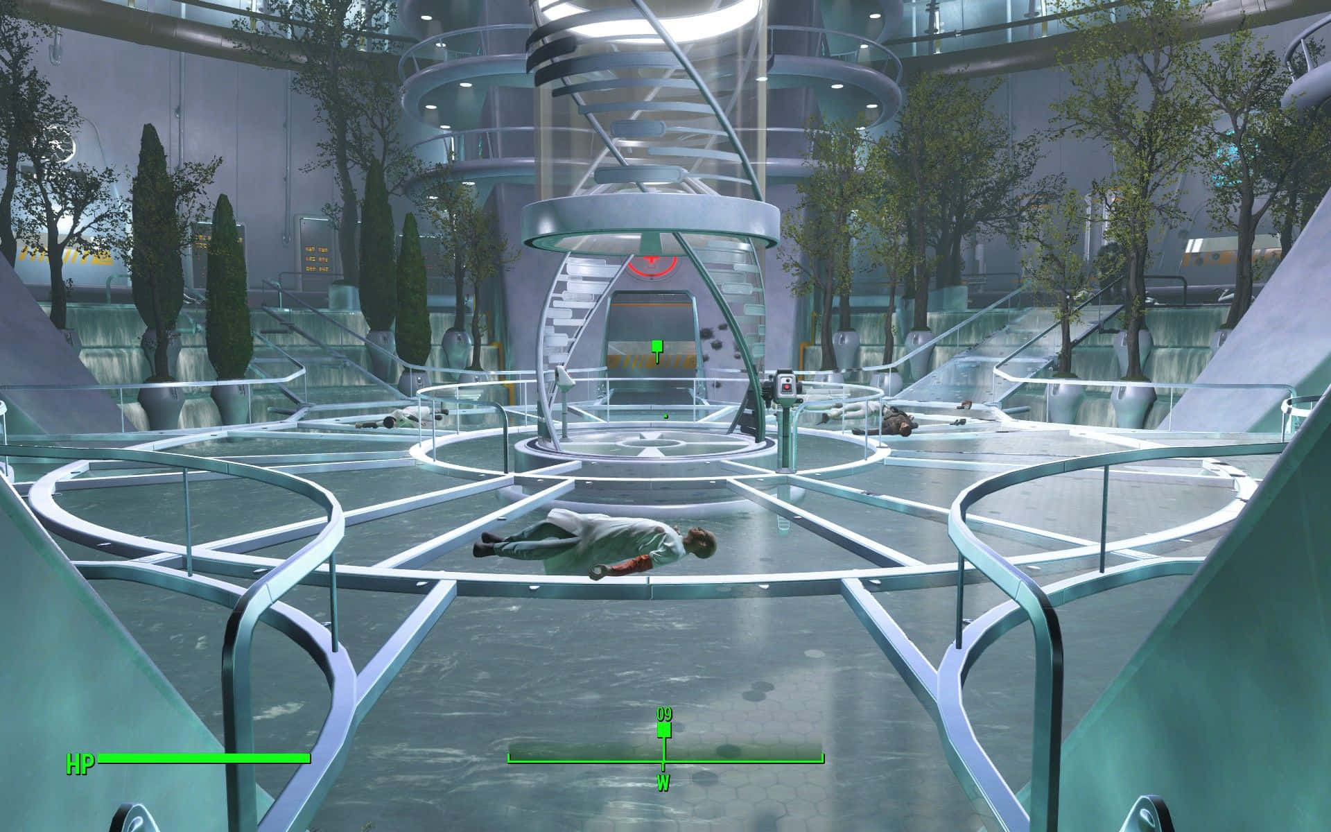Fallout 4 Institute 桌布 壁紙 — 一個未來風格的玻璃中庭，設有螺旋樓梯和倒下的身影，在冷藍色燈光下。