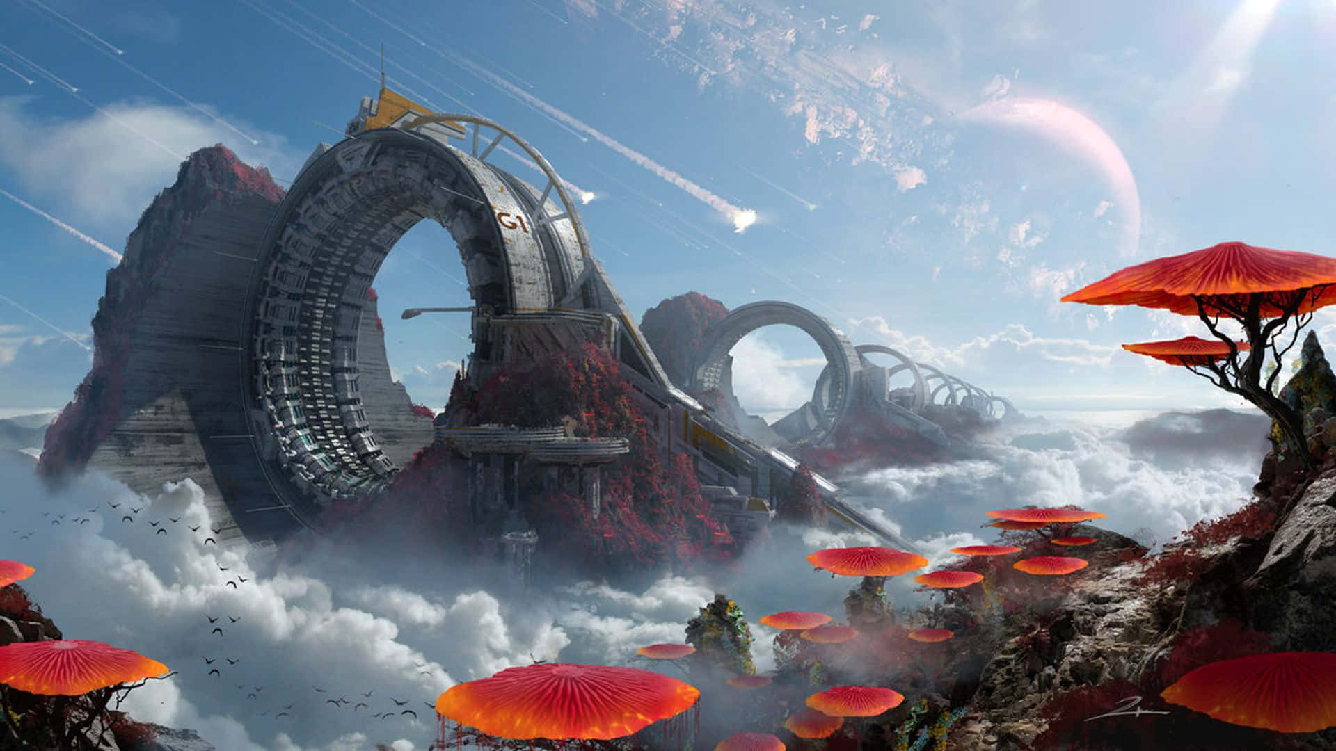 Cool Computer 桌布 壁紙 — 一個未來風格的環形太空站漂浮在雲層之上，天空中有發光的紅色蘑菇和一顆粉紅色的行星。