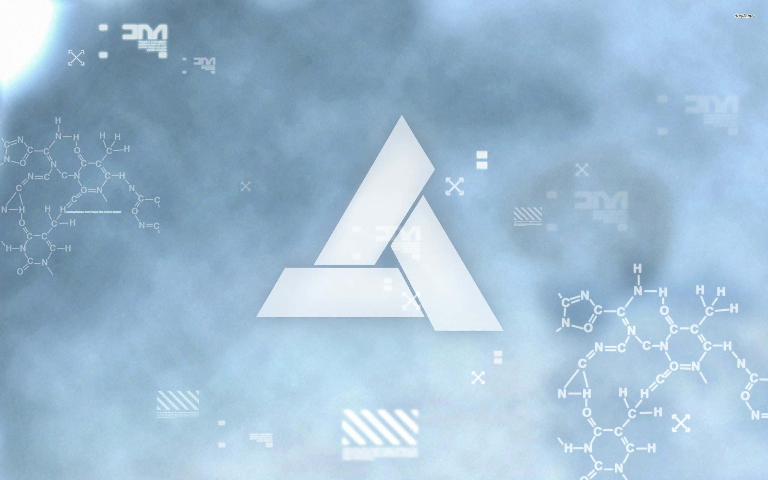 Abstergo 桌布 壁紙 — 一個未來風格的白色三角形標誌漂浮在旋轉的藍色迷霧中，周圍有浮動的化學公式和數位符號。