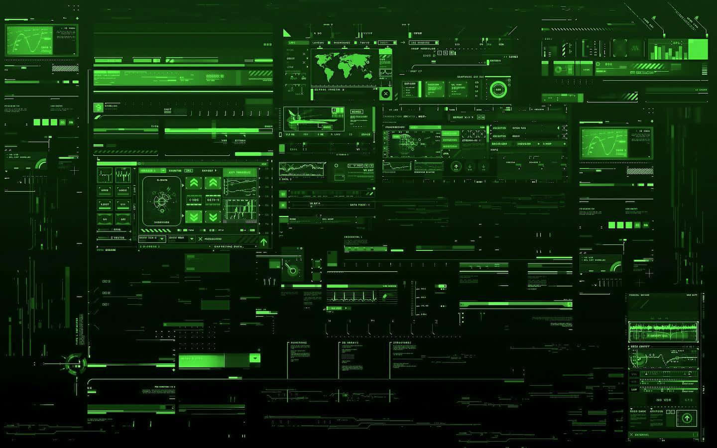 Green Technology 桌布 壁紙 — 一個未來風格的綠色數位儀表板，充滿發光的圖表、地圖和數據流，背景為黑色。