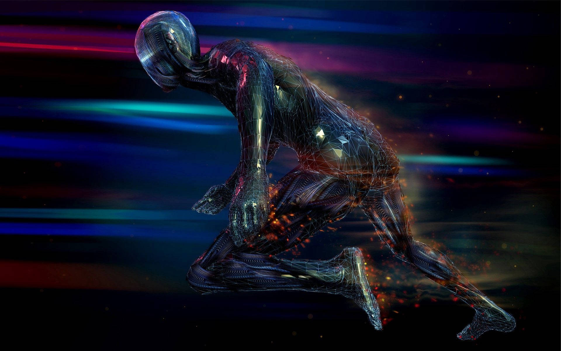 images 桌布 壁紙 — 一個未來風格的線框跑者穿過充滿霓虹燈光和星塵的宇宙隧道。
