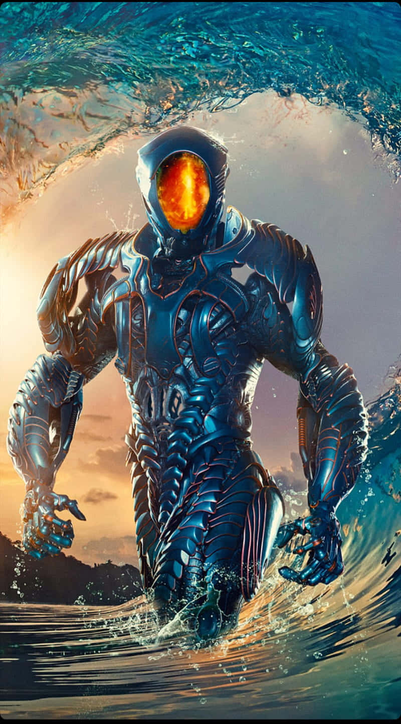 robots 桌布 壁紙 — 一個未來風格的裝甲人物，擁有發光的橙色眼睛，在日落時從破碎的海浪中強勢出現。