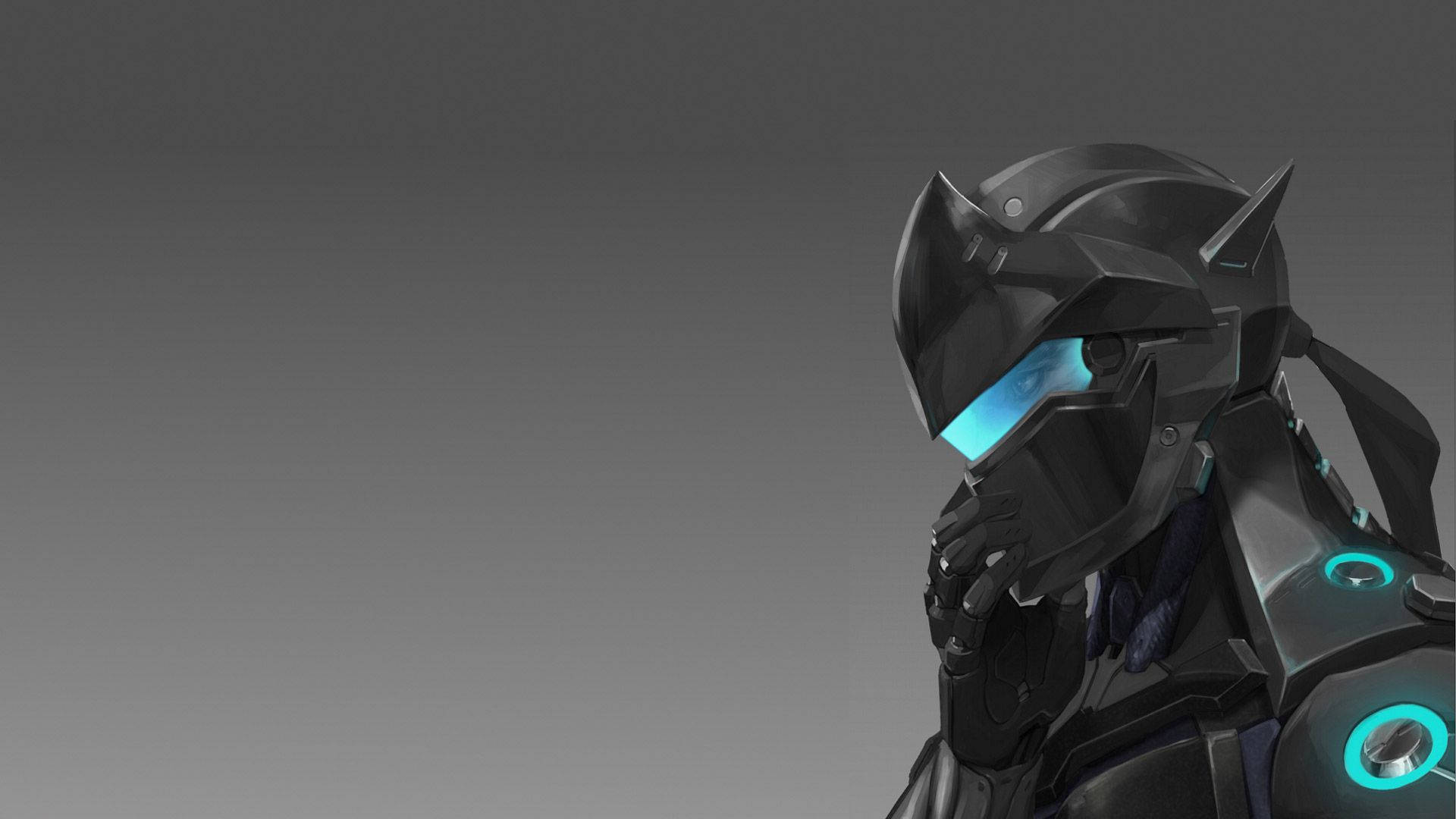 Genji 桌布 壁紙 — 一個未來風格的裝甲人物，擁有發光的藍色眼睛和機械細節，站在極簡的灰色空間中。