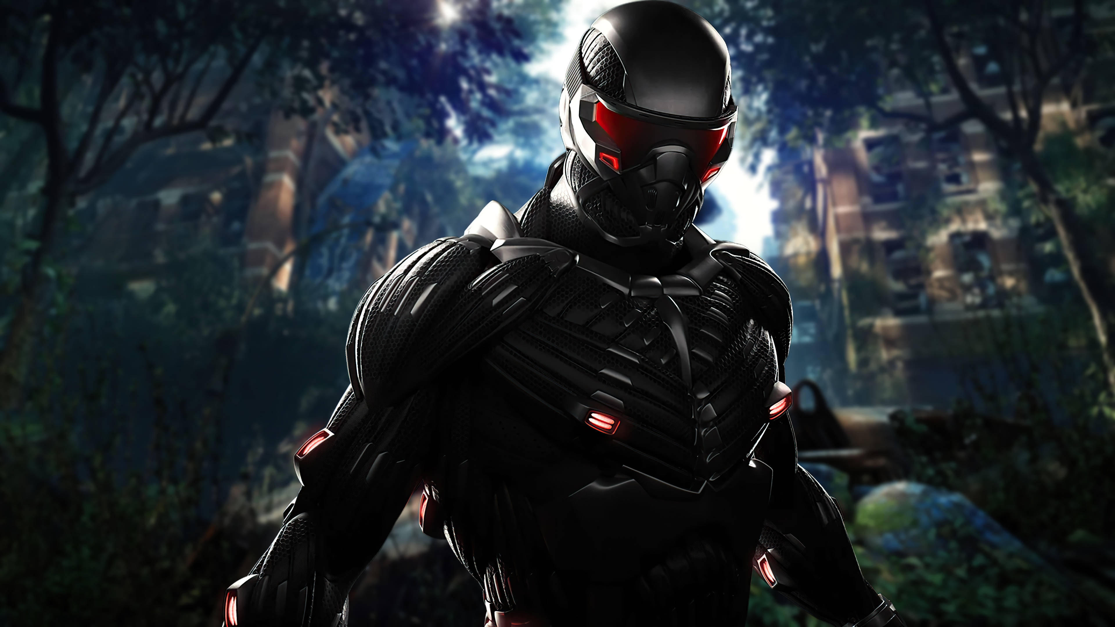 crysis 3 4K 桌布 壁紙 — 一個未來風格的裝甲人物，擁有發光的紅色眼睛，站在明亮的月光下黑暗的森林廢墟中。