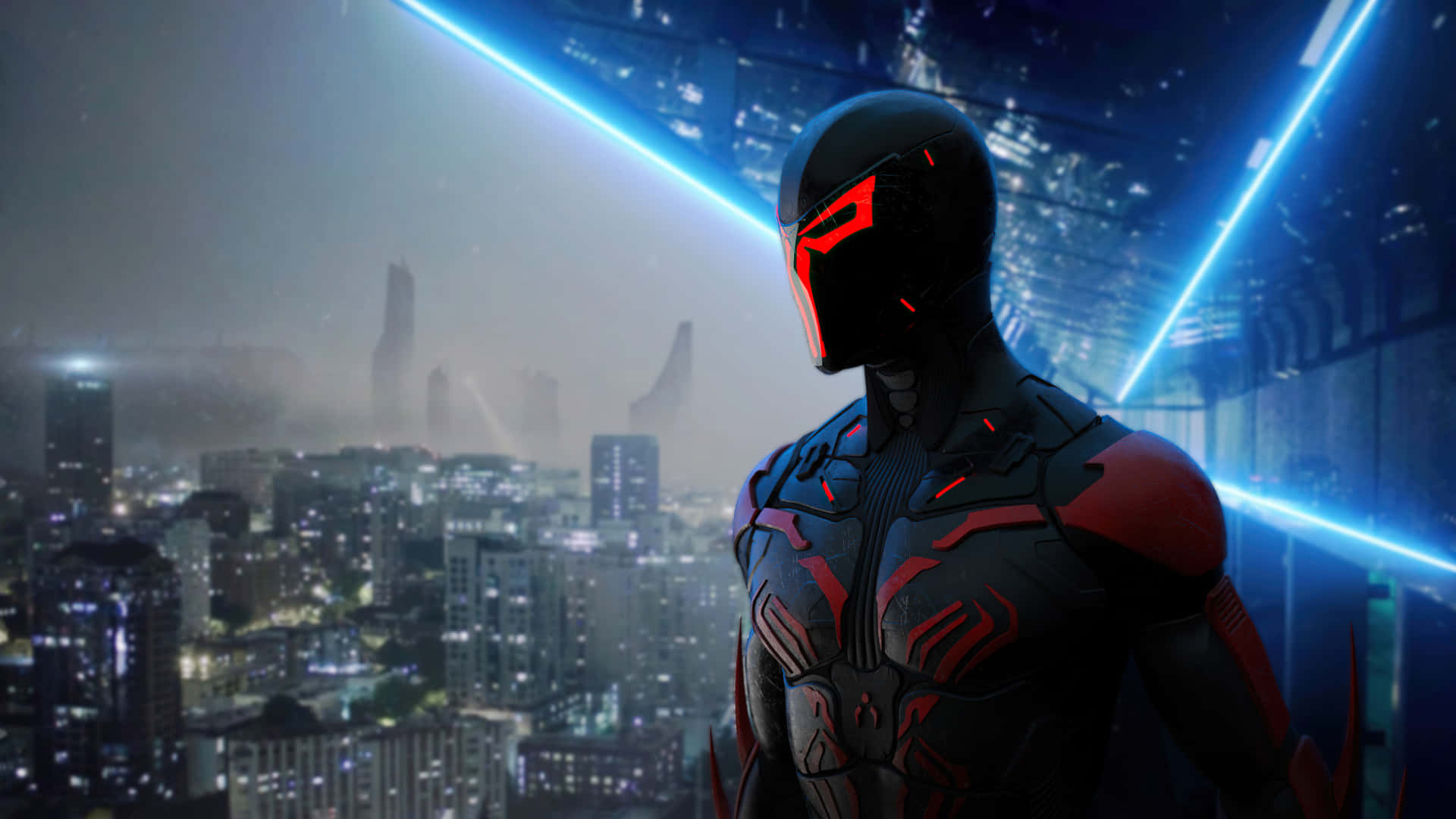 Spider Man 2099 桌布 壁紙 — 一個未來風格的裝甲人物，雙眼發出紅光，在夜晚霓虹燈閃爍的賽博龐克城市景觀中形成剪影。