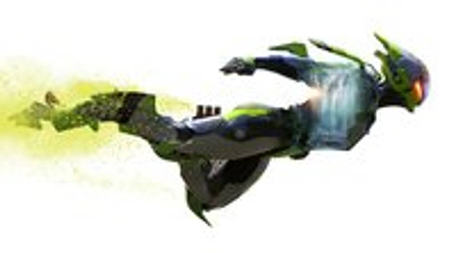 anthem 4K 桌布 壁紙 — 一個未來風格的裝甲人物在空中疾馳，留下發光的綠色能量軌跡。