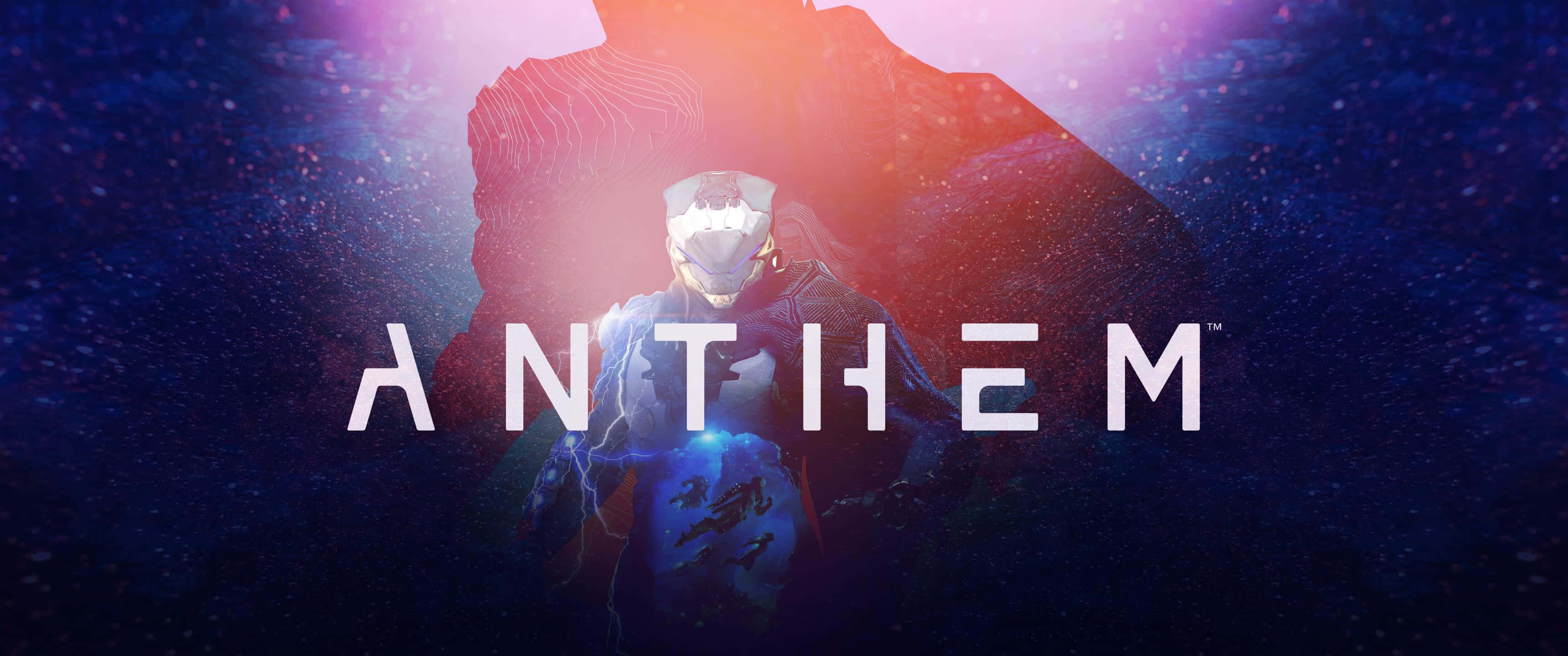 背景 桌布 壁紙 — 一個未來風格的裝甲人物站在星空下發光的山前，ANTHEM 這個詞醒目地展示著。