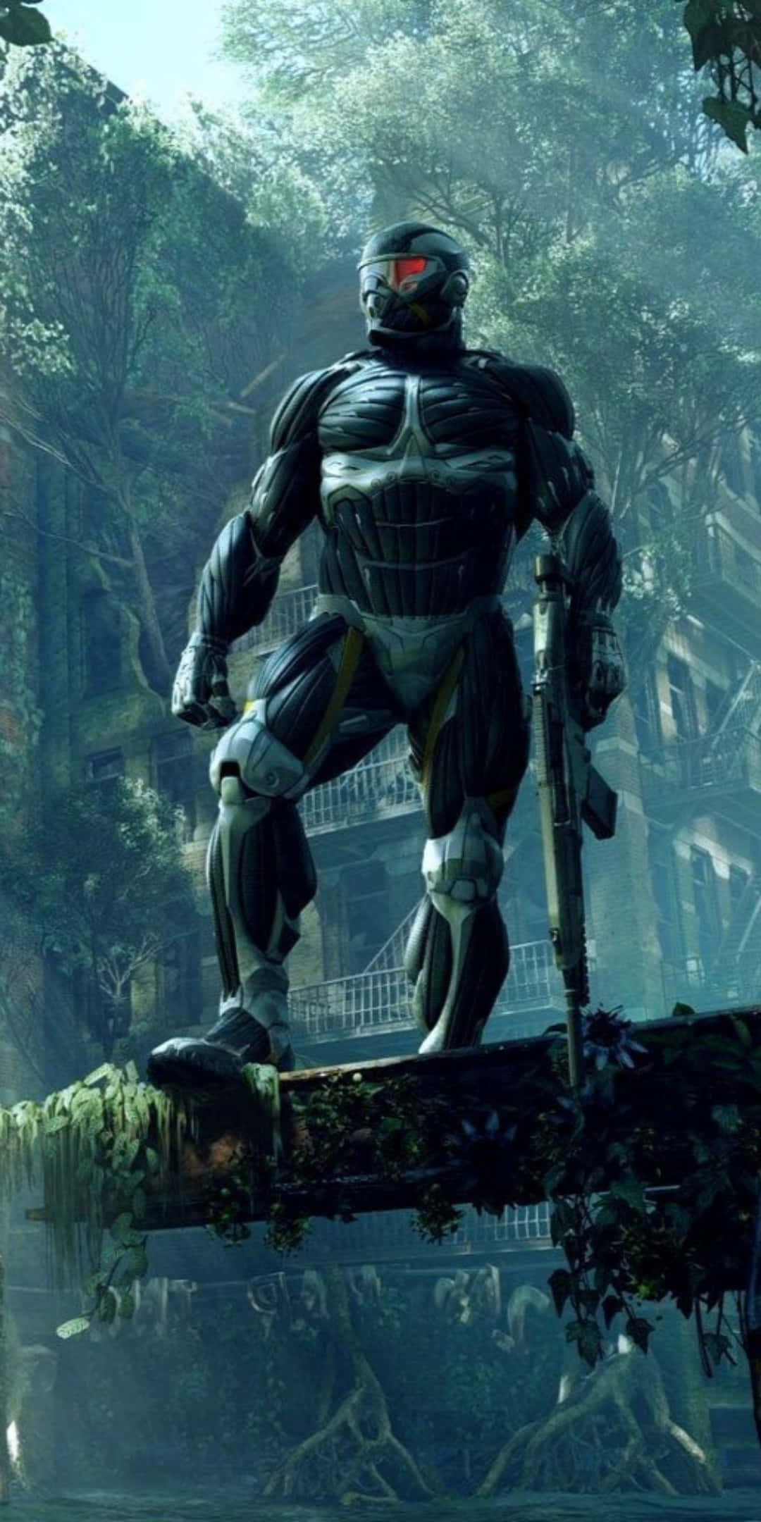 Pixel 3 Crysis 3 桌布 壁紙 — 一個未來風格的裝甲士兵，雙眼發出紅光，站在茂密叢林中長滿青苔的廢墟上。