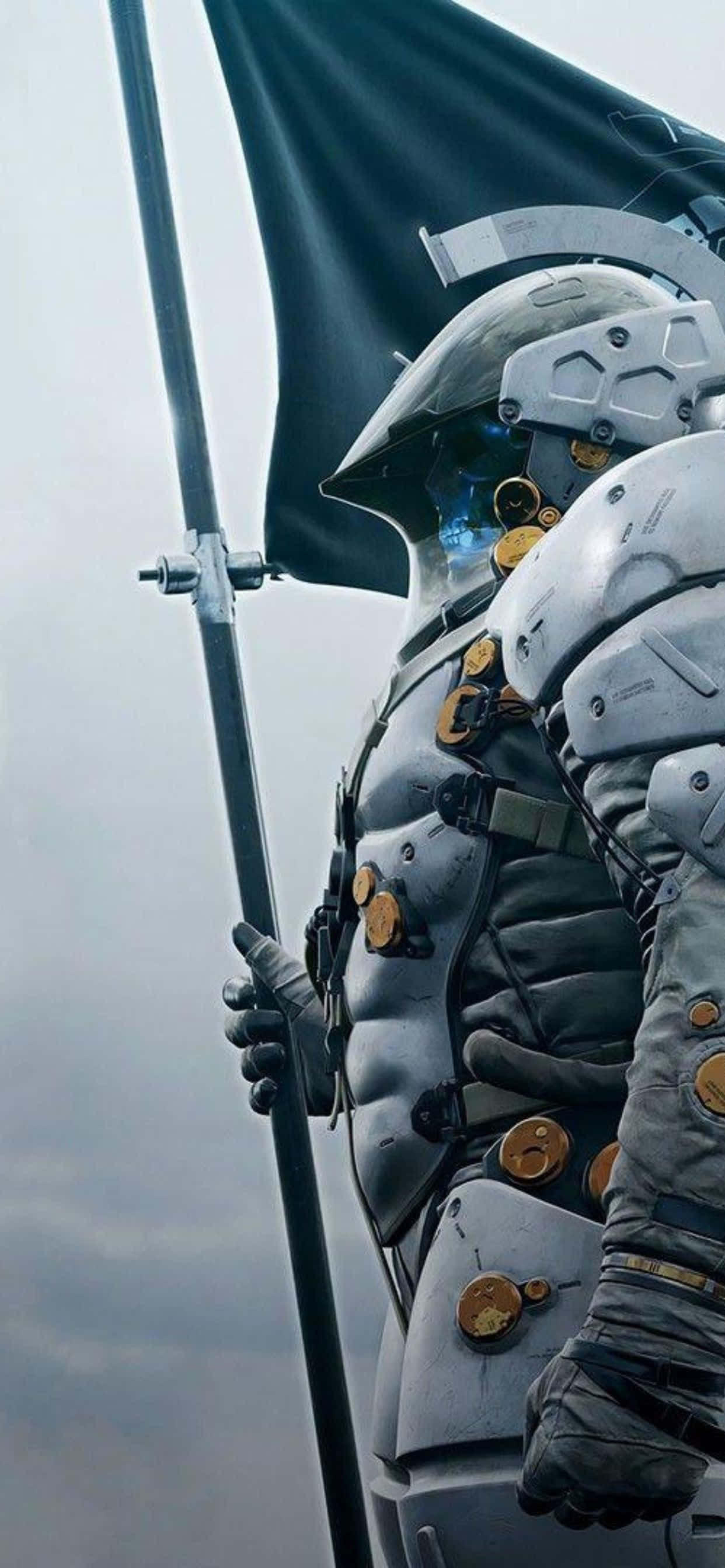 iPhone Xs Max Death Stranding 桌布 壁紙 — 一個未來風格的裝甲士兵高舉黑色旗幟，背景是陰雲密佈的天空。