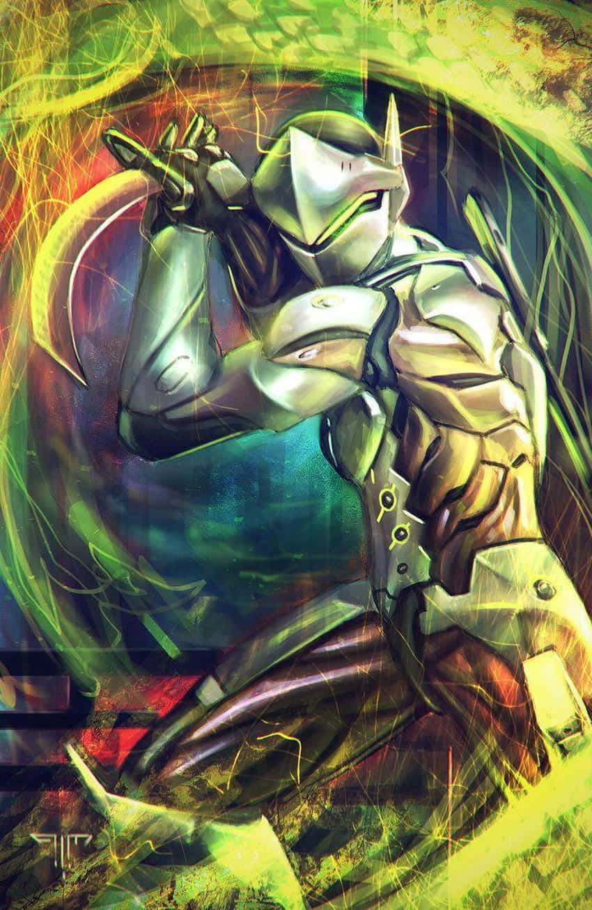 Overwatch Genji 桌布 壁紙 — 一個未來風格的裝甲戰士，以動態姿勢被旋轉的霓虹能量包圍，呈現充滿活力的數位藝術風格。