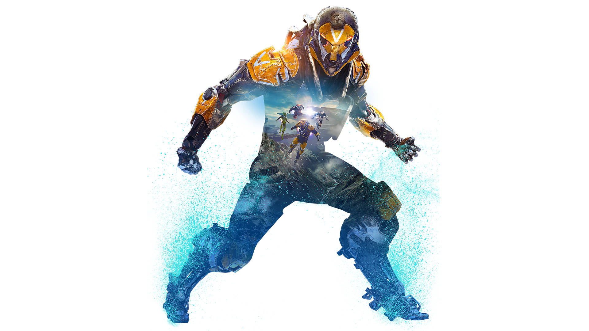 anthem 4K 桌布 壁紙 — 一個未來風格的裝甲戰士，以動態姿勢呈現，帶有發光的橙色和藍色能量效果，背景為白色。