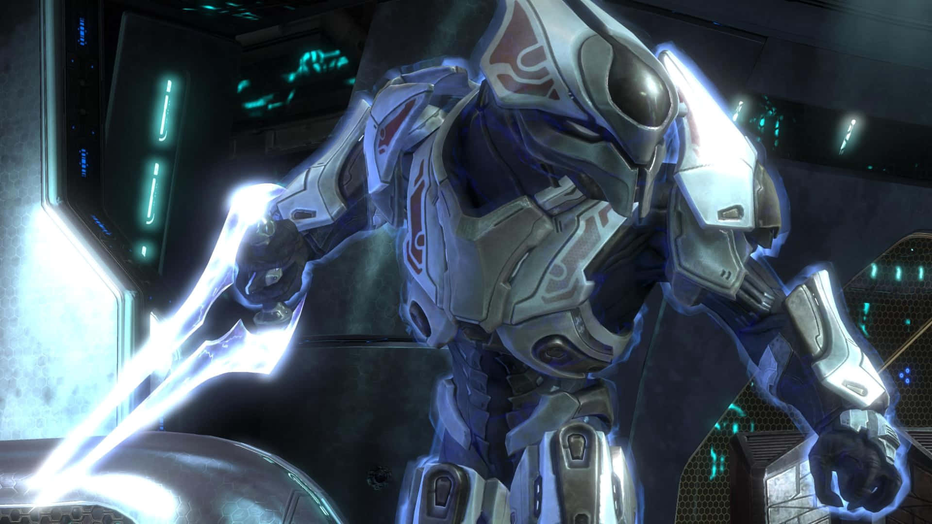 Sangheili 桌布 壁紙 — 一個未來風格的裝甲戰士，在一個高科技太空船駕駛艙內揮舞著發光的能量劍。