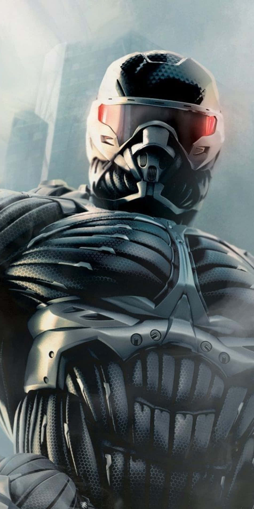 Pixel 3 Crysis 3 桌布 壁紙 — 一個未來風格的裝甲戰士，戴著發光的紅色護目鏡，站在霧氣瀰漫的城市天際線中。