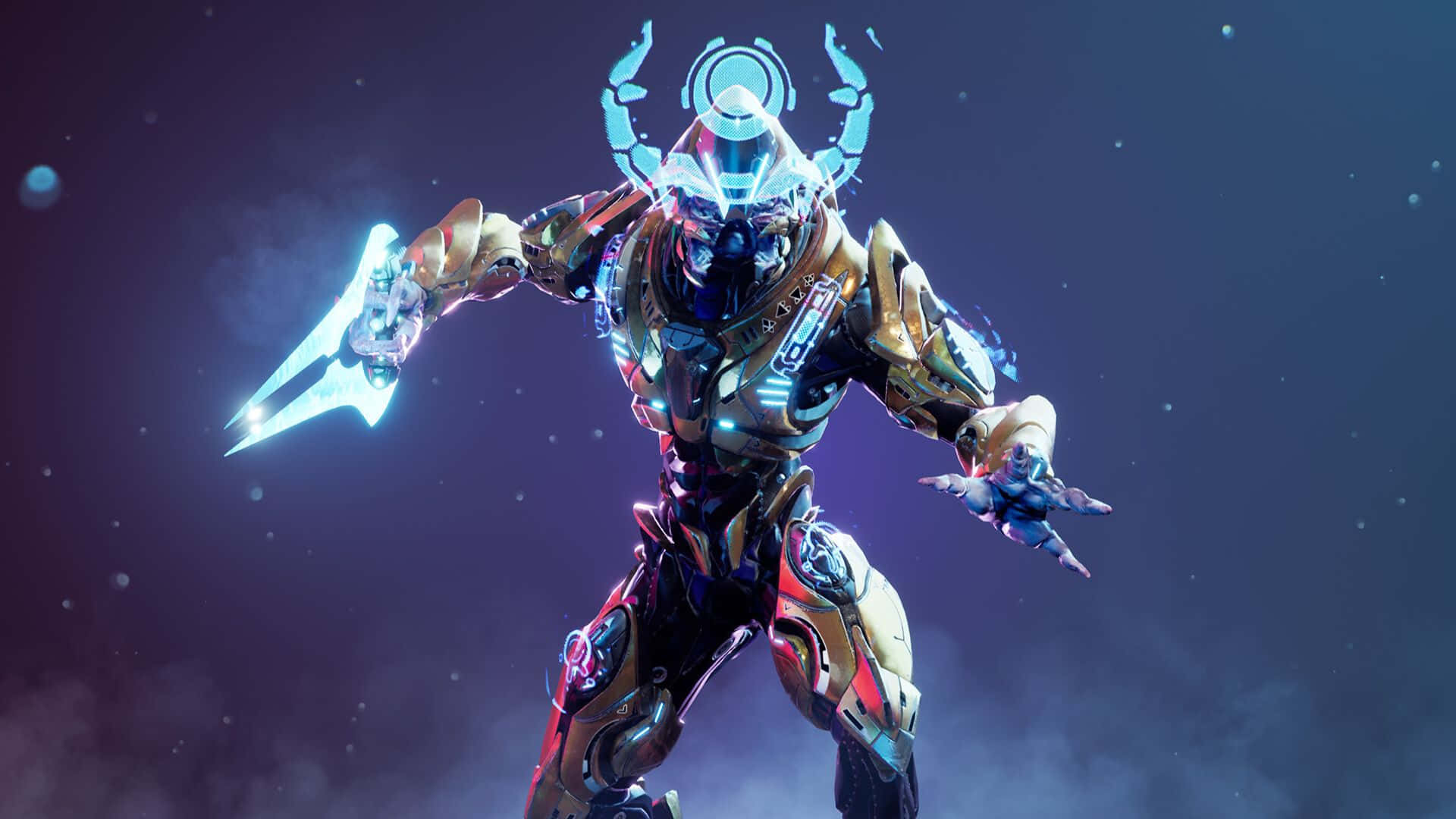 Sangheili 桌布 壁紙 — 一個未來風格的裝甲戰士，手持發光藍色武器，戴著頭盔，在星光燦爛的宇宙背景下動態站立。