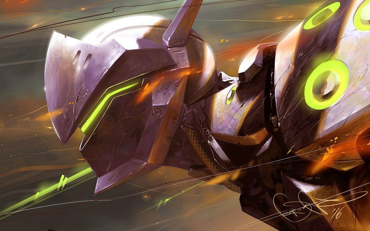 Genji 桌布 壁紙 — 一個未來風格的裝甲戰士，擁有發光的綠色眼睛和霓虹色調，衝過熾熱的戰場。
