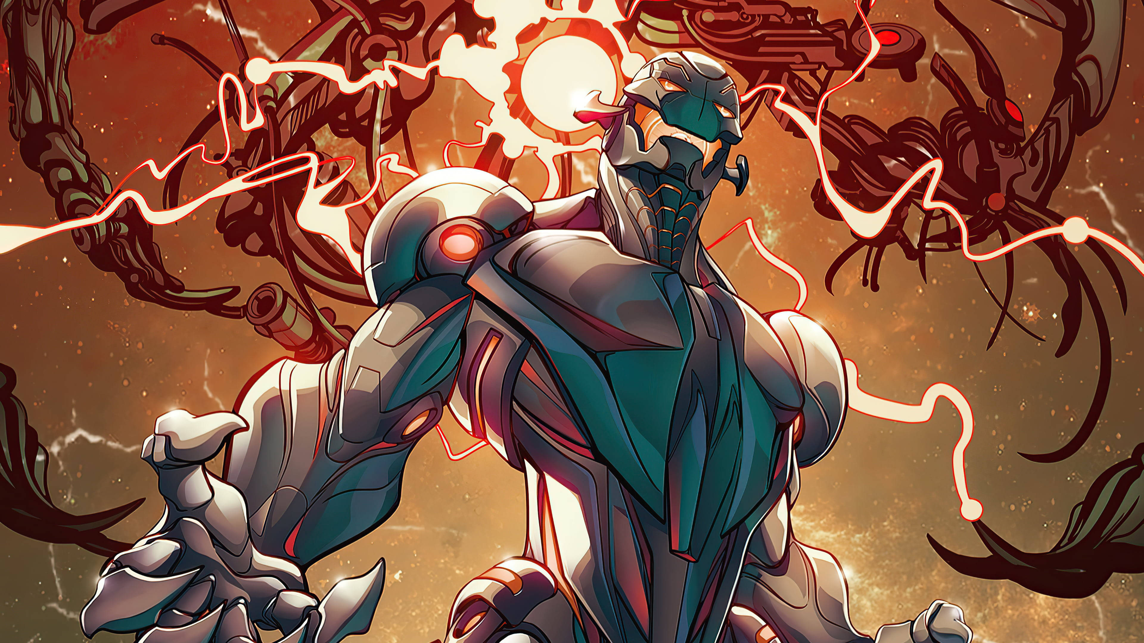 Villains 桌布 壁紙 — 一個未來風格的裝甲戰士，擁有發光的紅色眼睛和周圍的能量裂紋，背景是宇宙。
