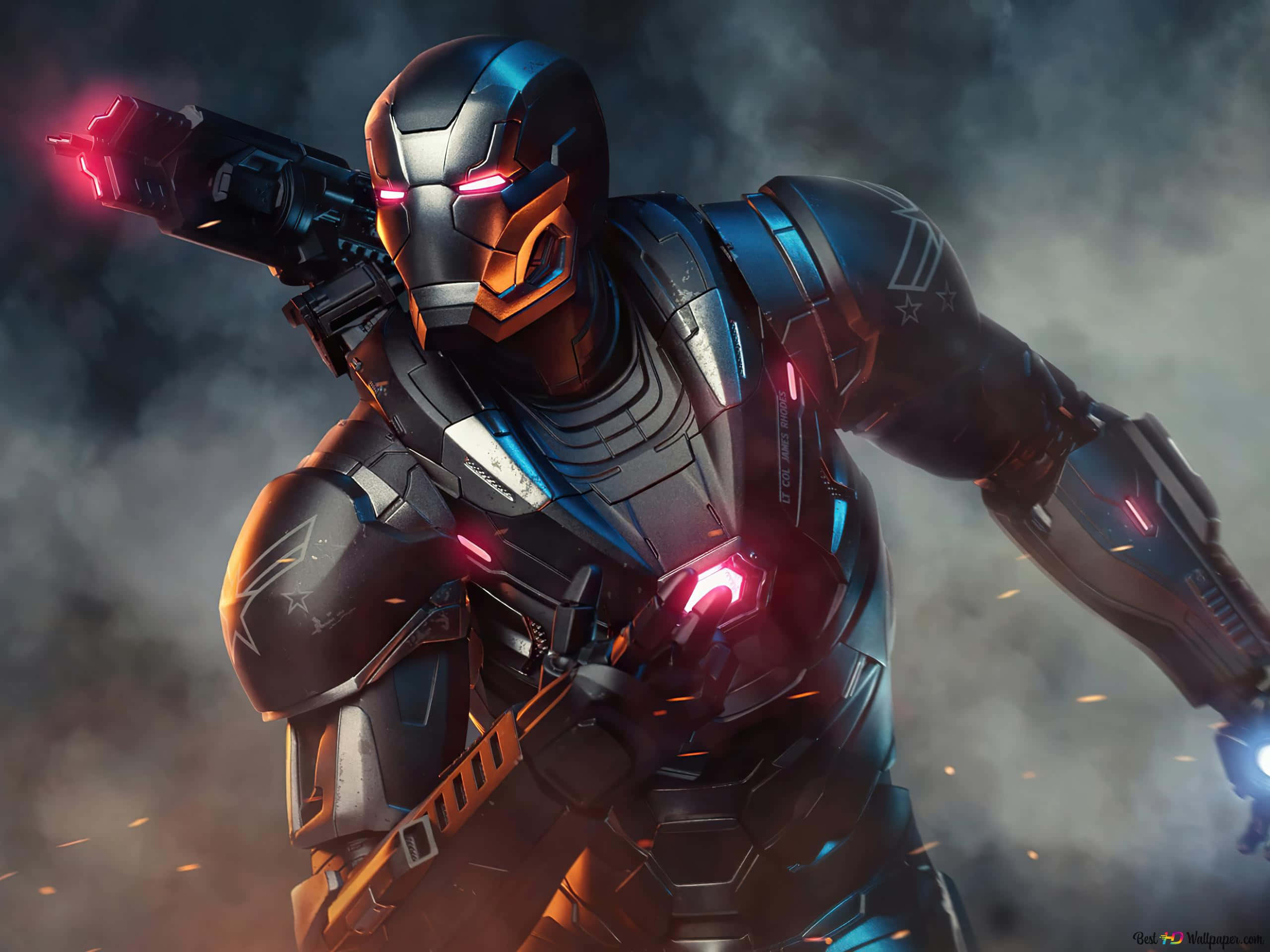 James Rhodes 桌布 壁紙 — 一個未來風格的裝甲戰士，擁有發光的紅色眼睛和武器，在煙霧瀰漫的黑暗背景中噴射火花。
