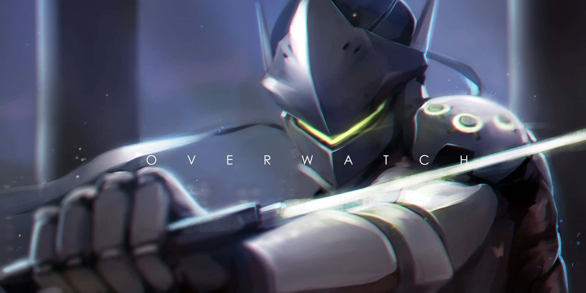 Overwatch Genji 桌布 壁紙 — 一個未來風格的裝甲戰士，擁有發光的黃色眼睛，在昏暗環境中準備戰鬥，手持劍。