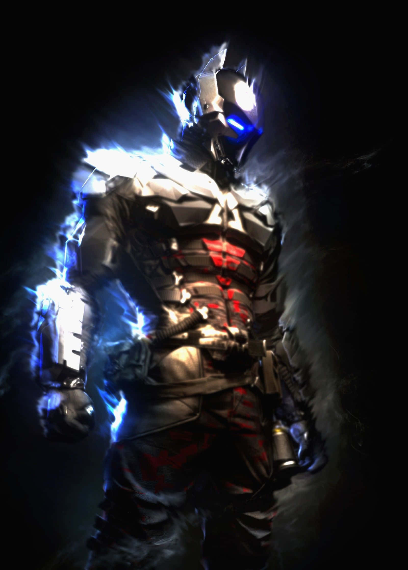 Batman Arkham Knight 桌布 壁紙 — 一個未來風格的裝甲戰士，藍色發光能量在他黑色戰衣周圍劈啪作響，背景是黑色虛空。