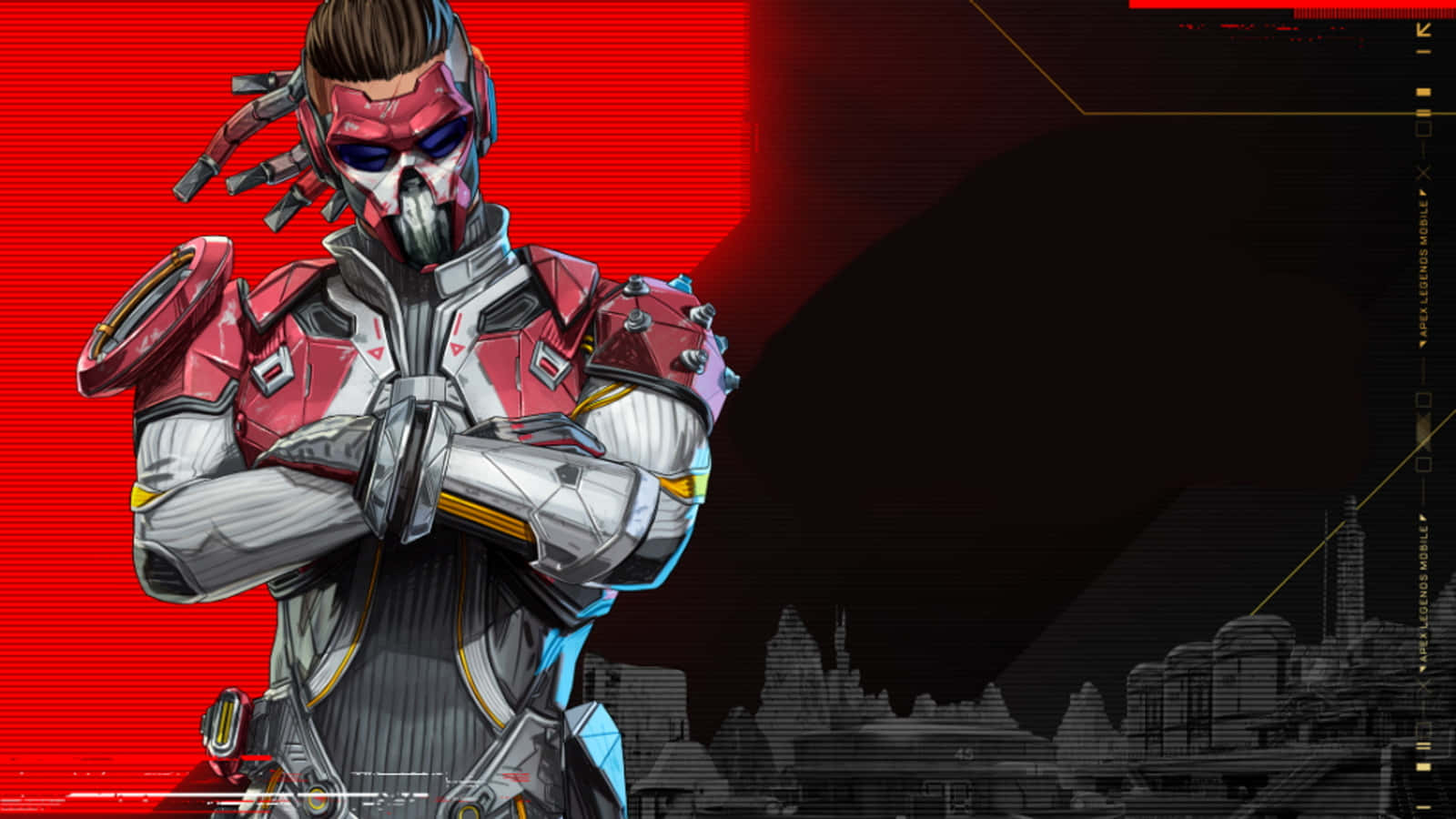Apex Legends Logo 桌布 壁紙 — 一個未來風格的裝甲戰士，身穿紅色和銀色裝甲，自信地站在發光的紅色和黑暗城市背景下。